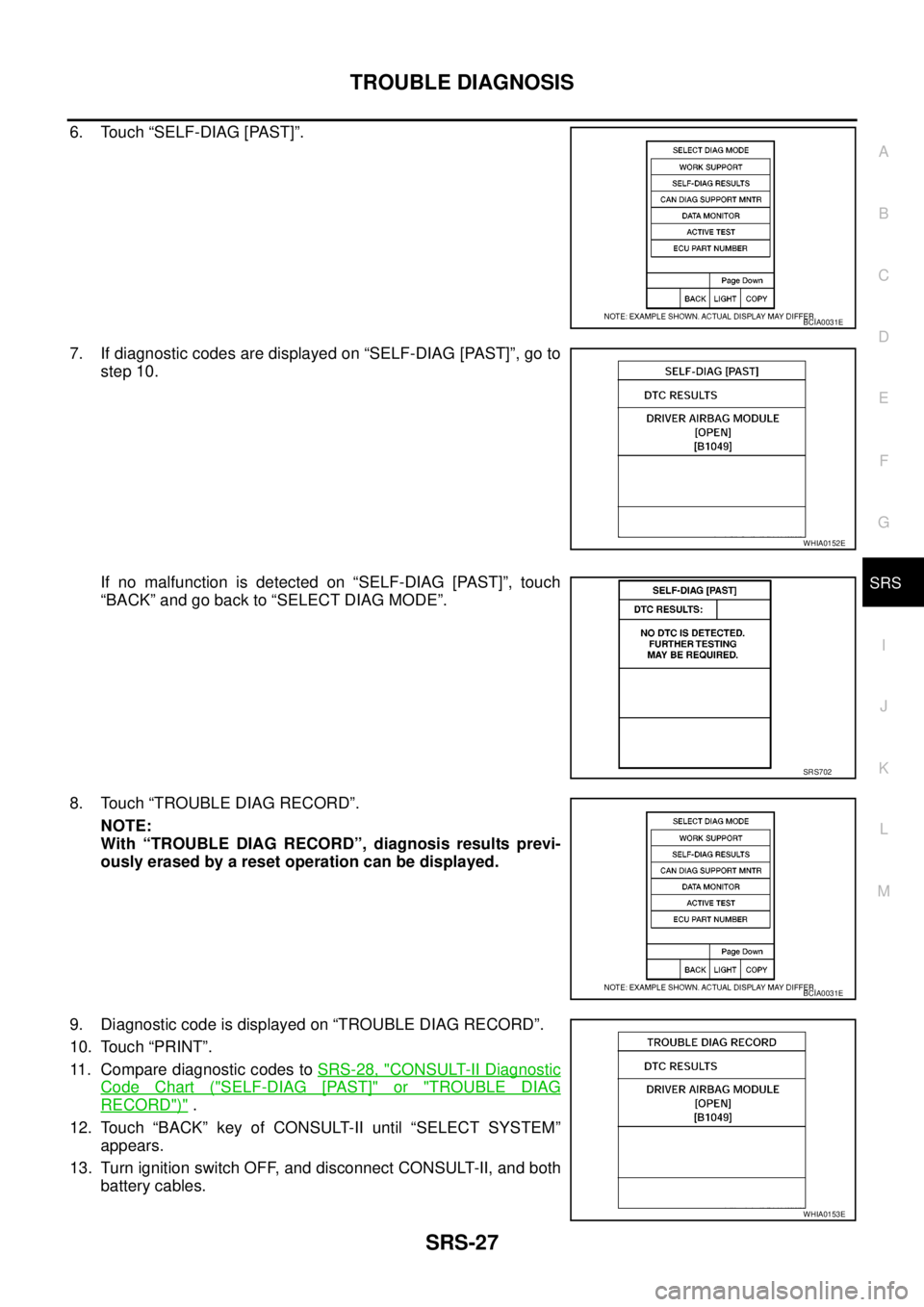 NISSAN NAVARA 2005  Repair Workshop Manual TROUBLE DIAGNOSIS
SRS-27
C
D
E
F
G
I
J
K
L
MA
B
SRS
6. Touch “SELF-DIAG [PAST]”.
7. If diagnostic codes are displayed on “SELF-DIAG [PAST]”, go to
step 10.
If no malfunction is detected on “