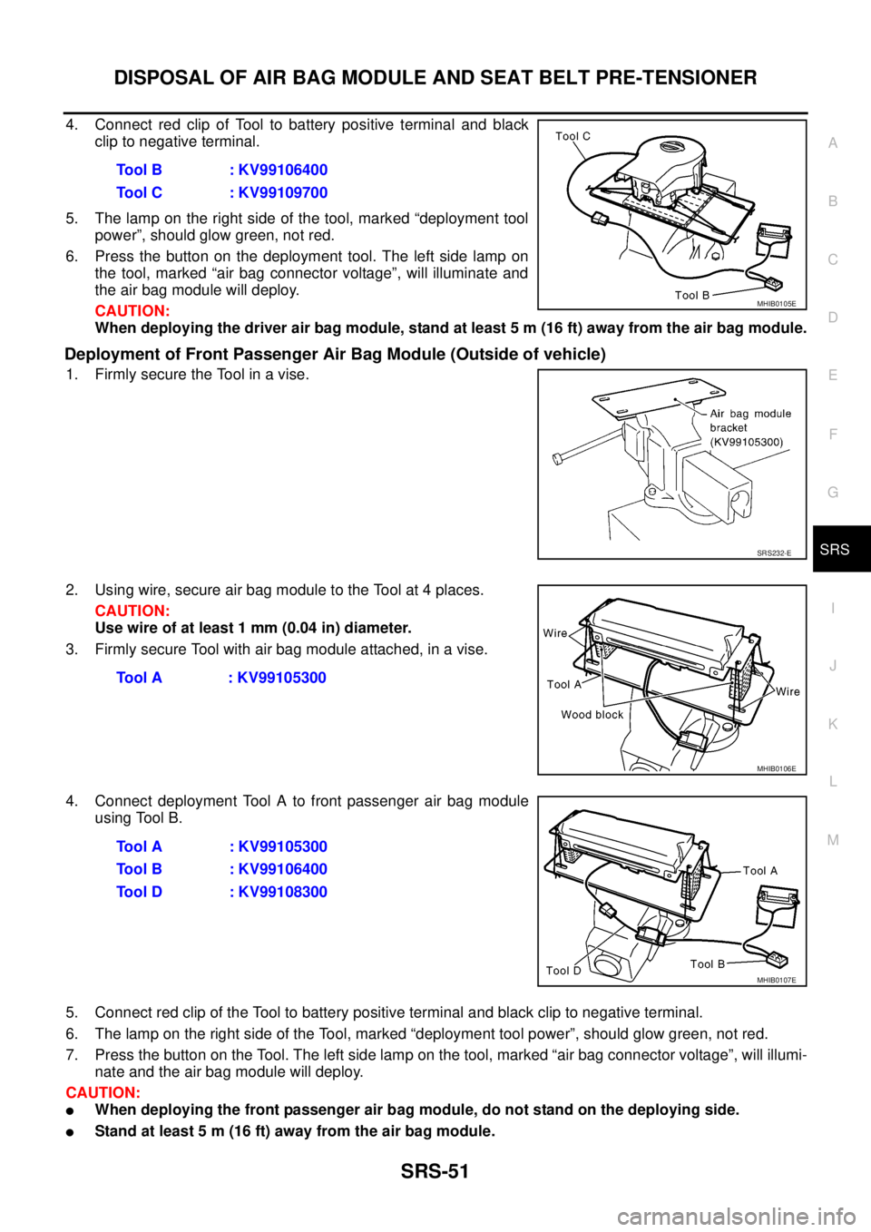 NISSAN NAVARA 2005 Repair Workshop Manual DISPOSAL OF AIR BAG MODULE AND SEAT BELT PRE-TENSIONER
SRS-51
C
D
E
F
G
I
J
K
L
MA
B
SRS
4. Connect red clip of Tool to battery positive terminal and black
clip to negative terminal.
5. The lamp on th NISSAN NAVARA 2005 Repair Workshop Manual DISPOSAL OF AIR BAG MODULE AND SEAT BELT PRE-TENSIONER
SRS-51
C
D
E
F
G
I
J
K
L
MA
B
SRS
4. Connect red clip of Tool to battery positive terminal and black
clip to negative terminal.
5. The lamp on th
