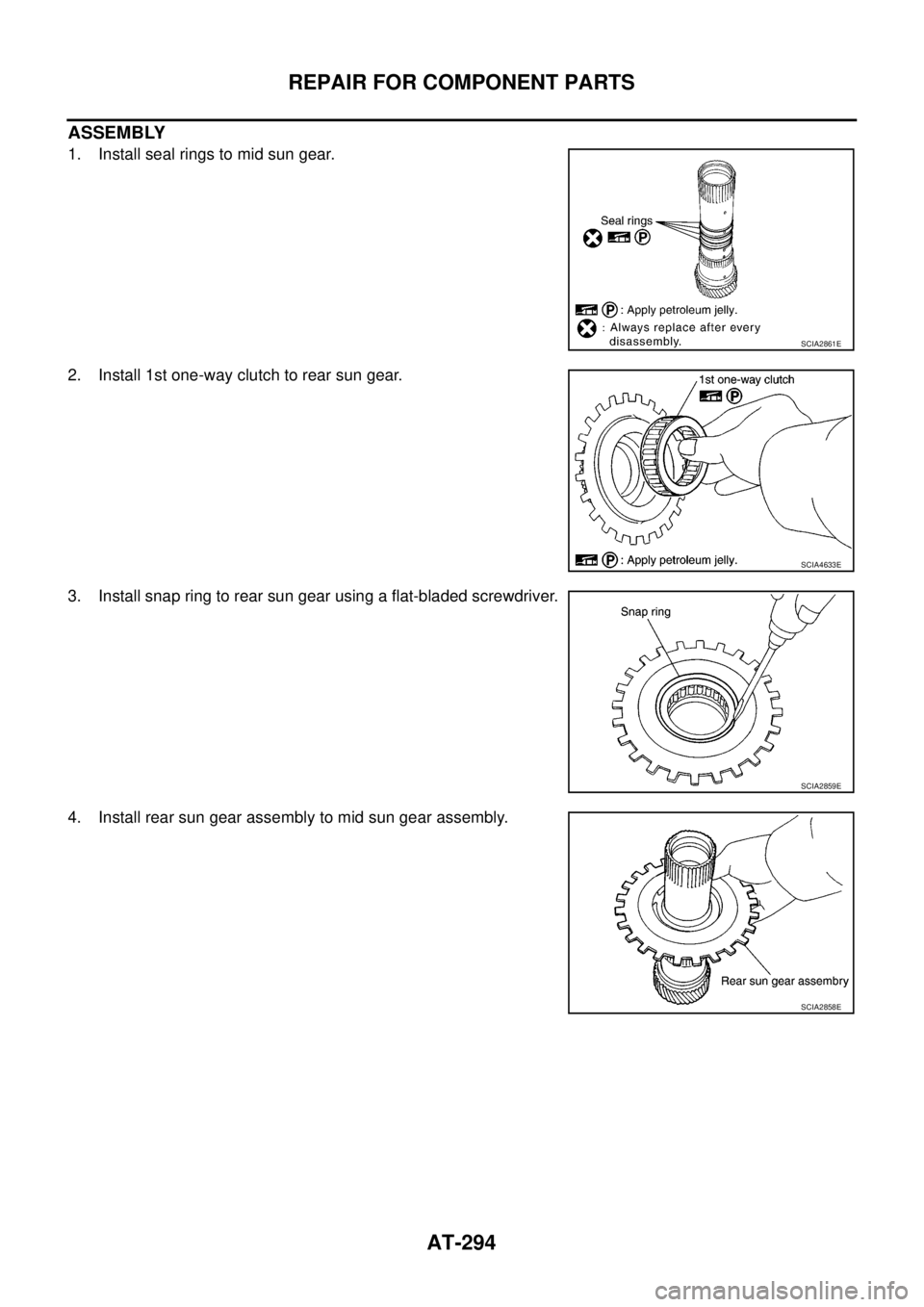 NISSAN NAVARA 2005  Repair Workshop Manual AT-294
REPAIR FOR COMPONENT PARTS
ASSEMBLY
1. Install seal rings to mid sun gear.
2. Install 1st one-way clutch to rear sun gear.
3. Install snap ring to rear sun gear using a flat-bladed screwdriver.