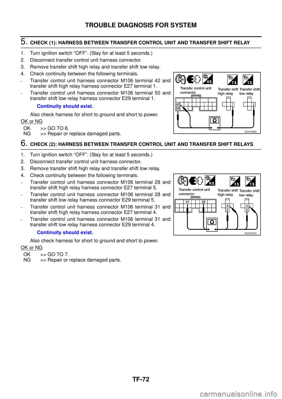 NISSAN NAVARA 2005 Repair Workshop Manual TF-72
TROUBLE DIAGNOSIS FOR SYSTEM
5.CHECK (1): HARNESS BETWEEN TRANSFER CONTROL UNIT AND TRANSFER SHIFT RELAY
1. Turn ignition switch “OFF”. (Stay for at least 5 seconds.)
2. Disconnect transfer NISSAN NAVARA 2005 Repair Workshop Manual TF-72
TROUBLE DIAGNOSIS FOR SYSTEM
5.CHECK (1): HARNESS BETWEEN TRANSFER CONTROL UNIT AND TRANSFER SHIFT RELAY
1. Turn ignition switch “OFF”. (Stay for at least 5 seconds.)
2. Disconnect transfer