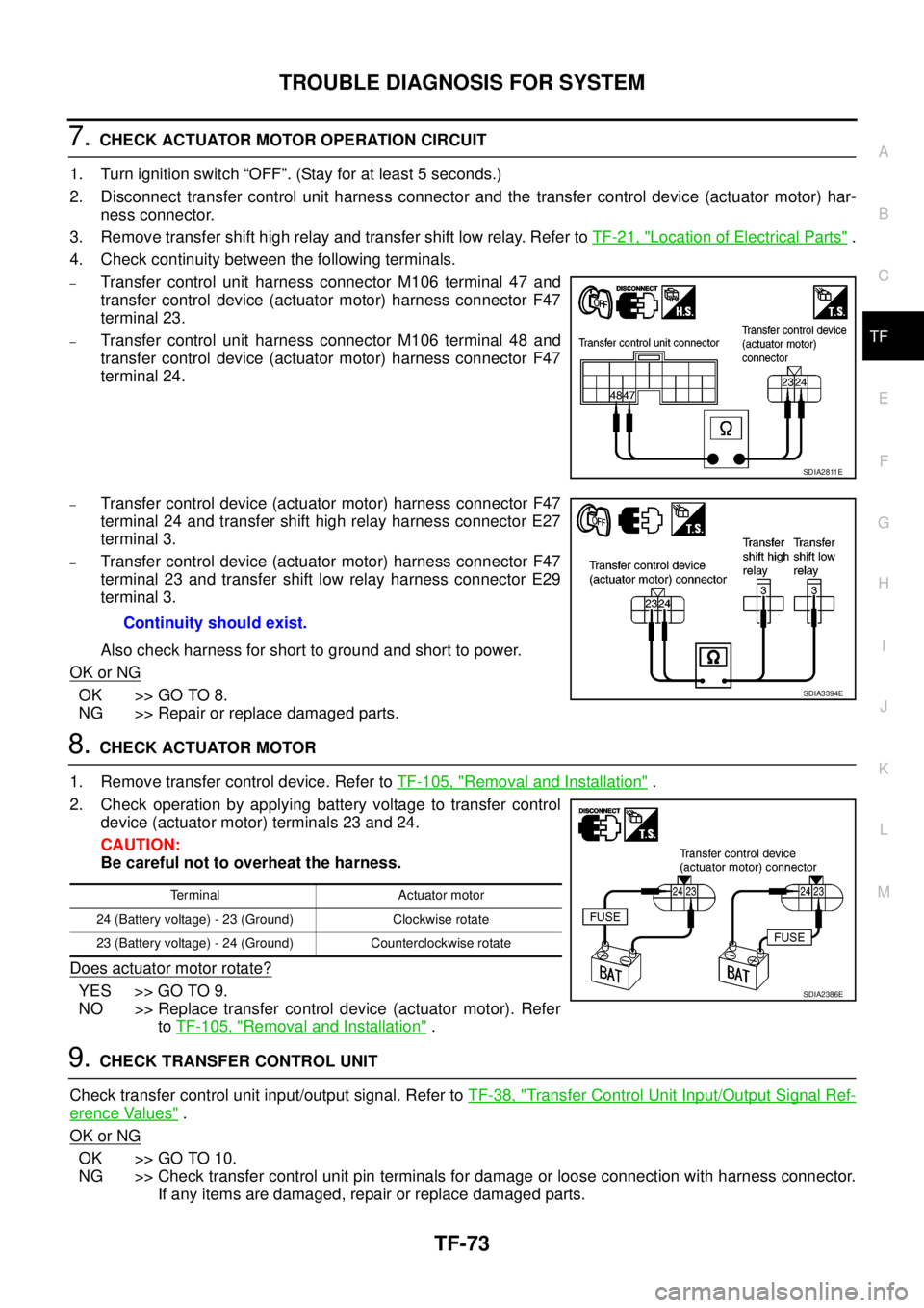 NISSAN NAVARA 2005 Repair Workshop Manual TROUBLE DIAGNOSIS FOR SYSTEM
TF-73
C
E
F
G
H
I
J
K
L
MA
B
TF
7.CHECK ACTUATOR MOTOR OPERATION CIRCUIT
1. Turn ignition switch “OFF”. (Stay for at least 5 seconds.)
2. Disconnect transfer control u NISSAN NAVARA 2005 Repair Workshop Manual TROUBLE DIAGNOSIS FOR SYSTEM
TF-73
C
E
F
G
H
I
J
K
L
MA
B
TF
7.CHECK ACTUATOR MOTOR OPERATION CIRCUIT
1. Turn ignition switch “OFF”. (Stay for at least 5 seconds.)
2. Disconnect transfer control u
