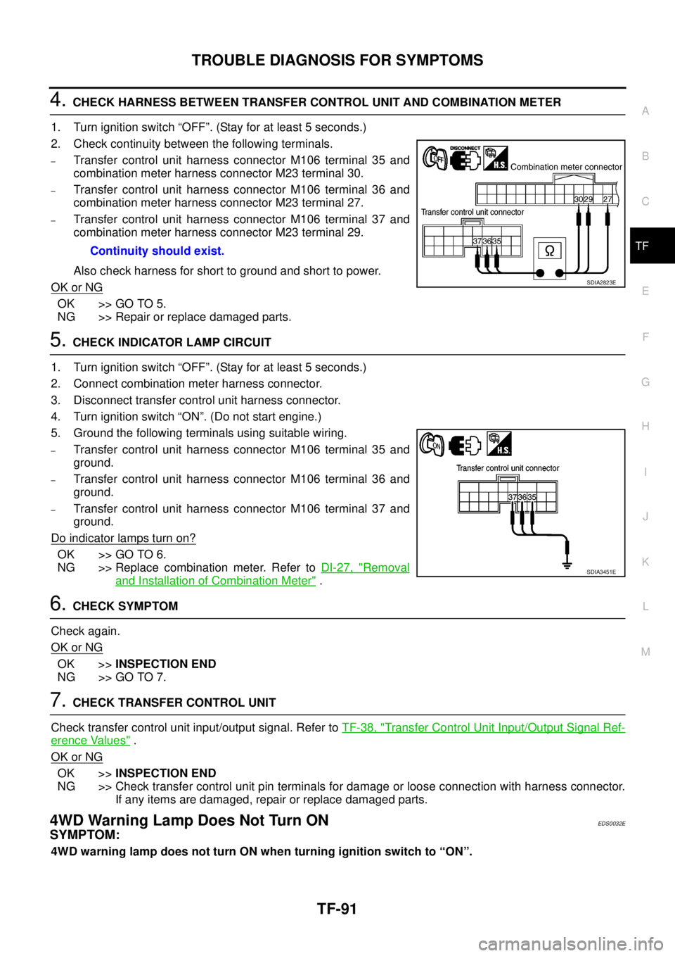 NISSAN NAVARA 2005 Repair Workshop Manual TROUBLE DIAGNOSIS FOR SYMPTOMS
TF-91
C
E
F
G
H
I
J
K
L
MA
B
TF
4.CHECK HARNESS BETWEEN TRANSFER CONTROL UNIT AND COMBINATION METER
1. Turn ignition switch “OFF”. (Stay for at least 5 seconds.)
2. NISSAN NAVARA 2005 Repair Workshop Manual TROUBLE DIAGNOSIS FOR SYMPTOMS
TF-91
C
E
F
G
H
I
J
K
L
MA
B
TF
4.CHECK HARNESS BETWEEN TRANSFER CONTROL UNIT AND COMBINATION METER
1. Turn ignition switch “OFF”. (Stay for at least 5 seconds.)
2.