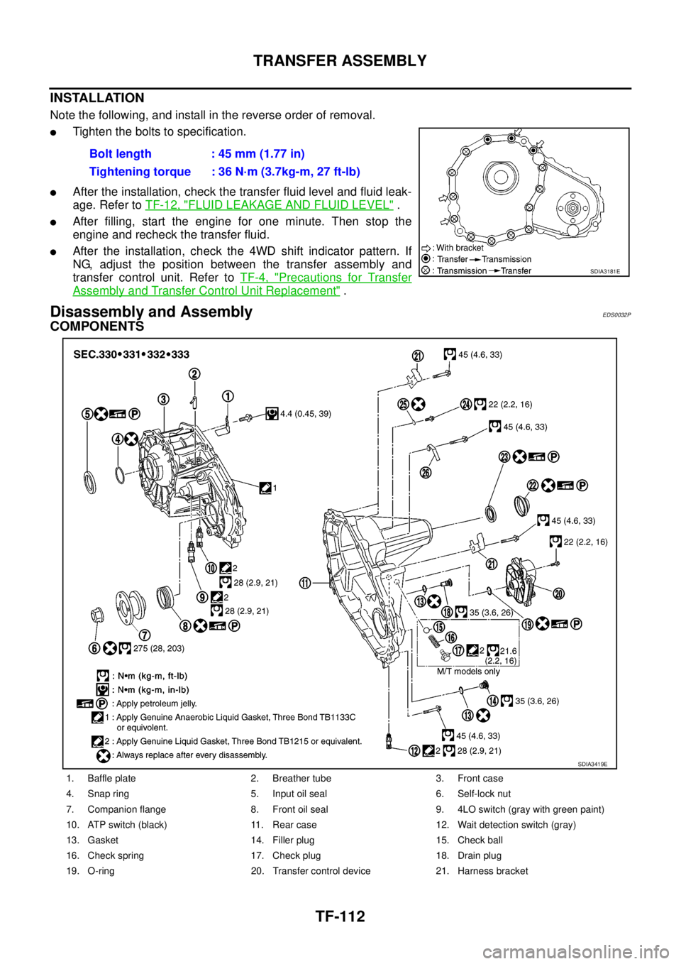 NISSAN NAVARA 2005 Repair Workshop Manual TF-112
TRANSFER ASSEMBLY
INSTALLATION
Note the following, and install in the reverse order of removal.
lTighten the bolts to specification.
lAfter the installation, check the transfer fluid level and NISSAN NAVARA 2005 Repair Workshop Manual TF-112
TRANSFER ASSEMBLY
INSTALLATION
Note the following, and install in the reverse order of removal.
lTighten the bolts to specification.
lAfter the installation, check the transfer fluid level and