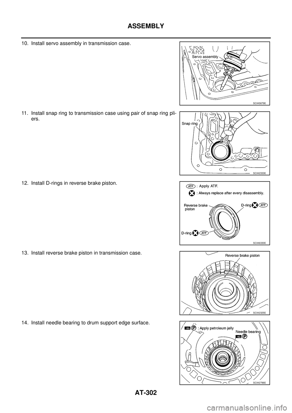 NISSAN NAVARA 2005  Repair Workshop Manual AT-302
ASSEMBLY
10. Install servo assembly in transmission case.
11. Install snap ring to transmission case using pair of snap ring pli-
ers.
12. Install D-rings in reverse brake piston.
13. Install r