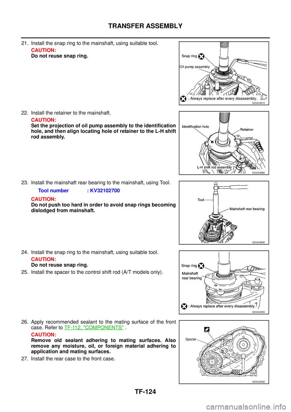 NISSAN NAVARA 2005  Repair Workshop Manual TF-124
TRANSFER ASSEMBLY
21. Install the snap ring to the mainshaft, using suitable tool.
CAUTION:
Do not reuse snap ring.
22. Install the retainer to the mainshaft.
CAUTION:
Set the projection of oil