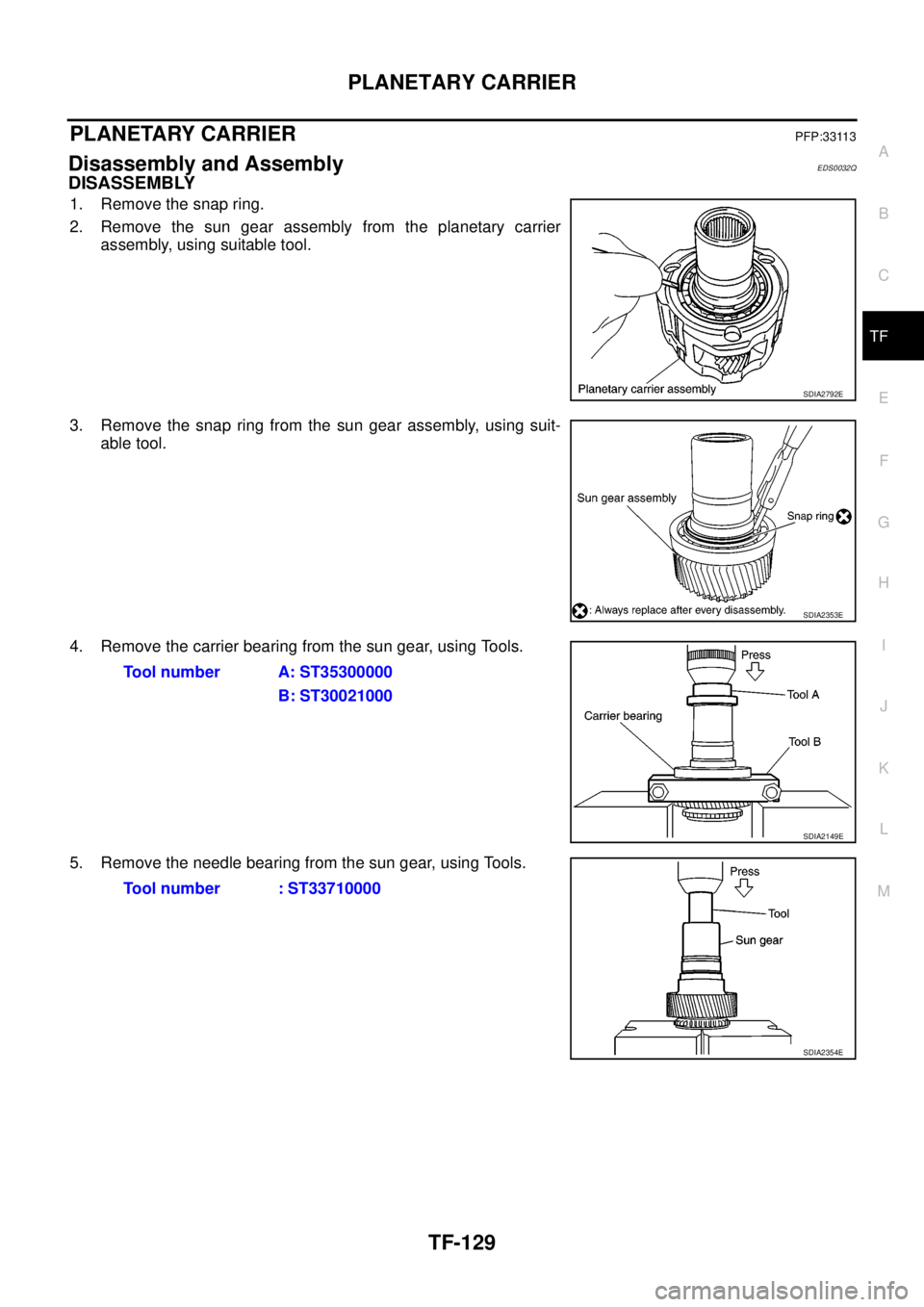 NISSAN NAVARA 2005  Repair Workshop Manual PLANETARY CARRIER
TF-129
C
E
F
G
H
I
J
K
L
MA
B
TF
PLANETARY CARRIERPFP:33113
Disassembly and AssemblyEDS0032Q
DISASSEMBLY
1. Remove the snap ring.
2. Remove the sun gear assembly from the planetary c