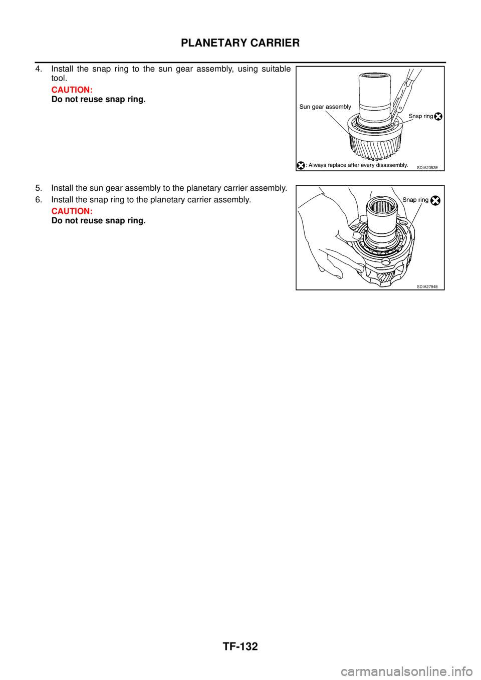 NISSAN NAVARA 2005  Repair Workshop Manual TF-132
PLANETARY CARRIER
4. Install the snap ring to the sun gear assembly, using suitable
tool.
CAUTION:
Do not reuse snap ring.
5. Install the sun gear assembly to the planetary carrier assembly.
6.