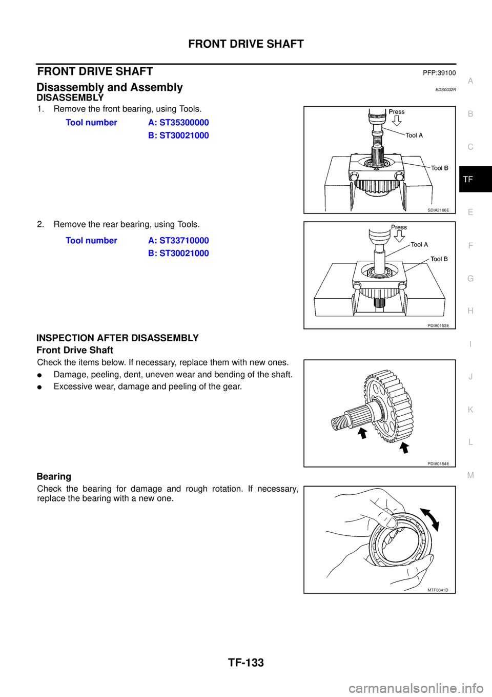 NISSAN NAVARA 2005  Repair Workshop Manual FRONT DRIVE SHAFT
TF-133
C
E
F
G
H
I
J
K
L
MA
B
TF
FRONT DRIVE SHAFTPFP:39100
Disassembly and AssemblyEDS0032R
DISASSEMBLY
1. Remove the front bearing, using Tools.
2. Remove the rear bearing, using T