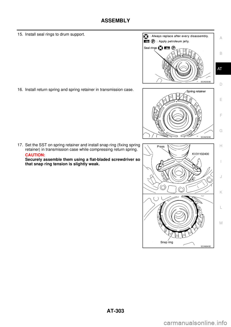 NISSAN NAVARA 2005  Repair Workshop Manual ASSEMBLY
AT-303
D
E
F
G
H
I
J
K
L
MA
B
AT
15. Install seal rings to drum support.
16. Install return spring and spring retainer in transmission case.
17. Set the SST on spring retainer and install sna