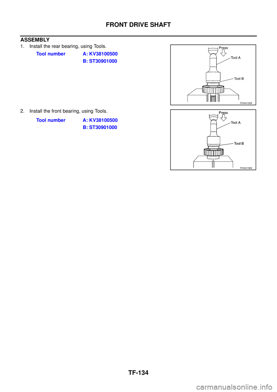 NISSAN NAVARA 2005 Repair Workshop Manual TF-134
FRONT DRIVE SHAFT
ASSEMBLY
1. Install the rear bearing, using Tools.
2. Install the front bearing, using Tools.Tool number A: KV38100500
B: ST30901000
PDIA0155E
Tool number A: KV38100500
B: ST3 NISSAN NAVARA 2005 Repair Workshop Manual TF-134
FRONT DRIVE SHAFT
ASSEMBLY
1. Install the rear bearing, using Tools.
2. Install the front bearing, using Tools.Tool number A: KV38100500
B: ST30901000
PDIA0155E
Tool number A: KV38100500
B: ST3