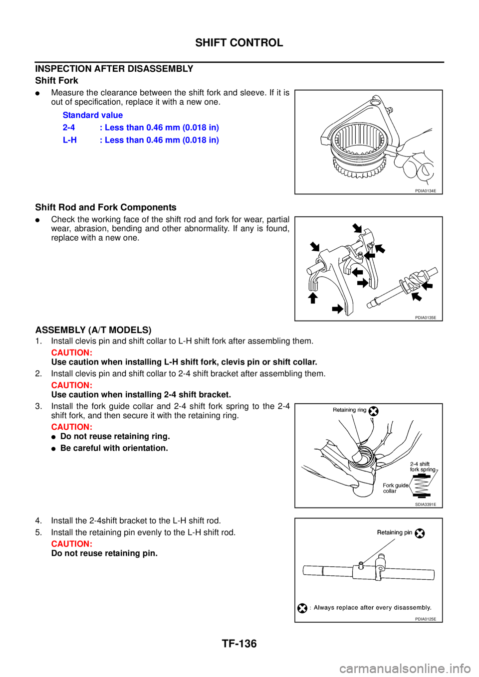 NISSAN NAVARA 2005 Repair Workshop Manual TF-136
SHIFT CONTROL
INSPECTION AFTER DISASSEMBLY
Shift Fork
lMeasure the clearance between the shift fork and sleeve. If it is
out of specification, replace it with a new one.
Shift Rod and Fork Comp NISSAN NAVARA 2005 Repair Workshop Manual TF-136
SHIFT CONTROL
INSPECTION AFTER DISASSEMBLY
Shift Fork
lMeasure the clearance between the shift fork and sleeve. If it is
out of specification, replace it with a new one.
Shift Rod and Fork Comp