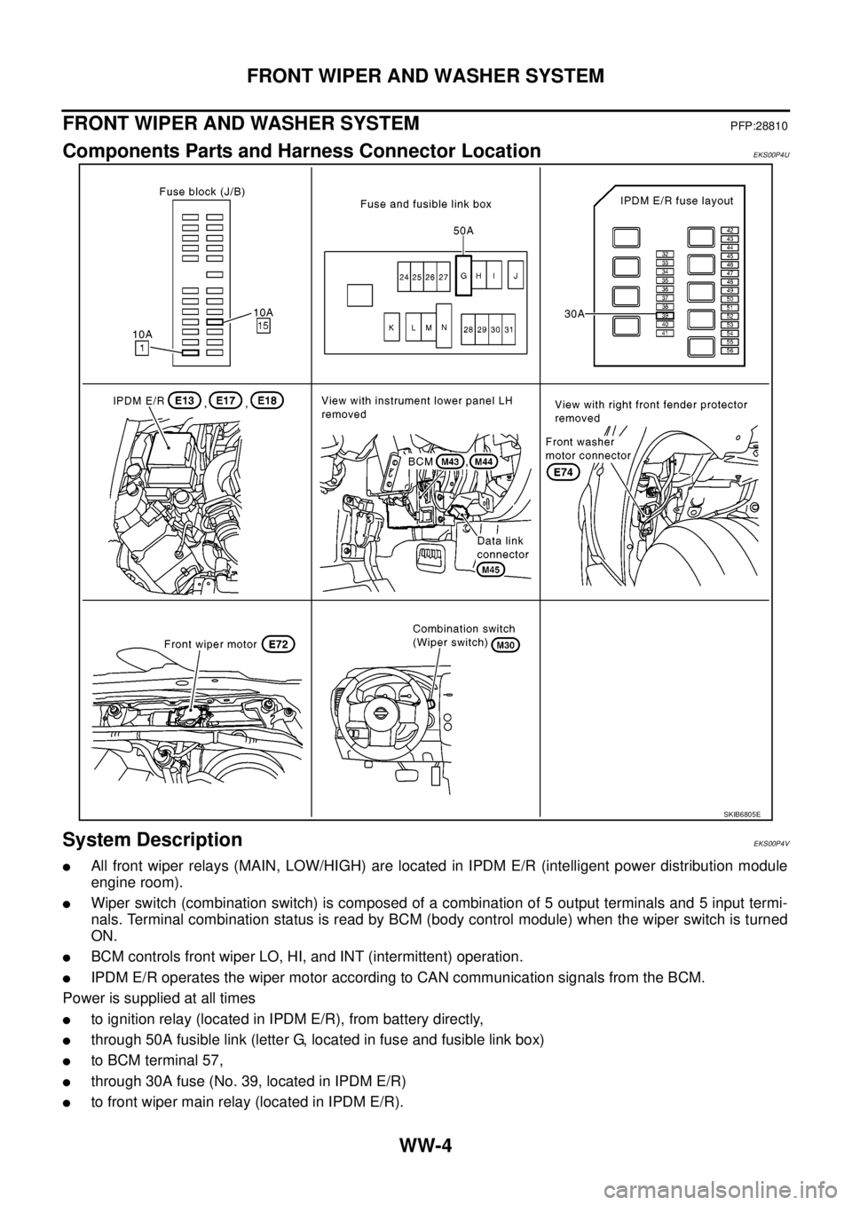 NISSAN NAVARA 2005 Repair Workshop Manual WW-4
FRONT WIPER AND WASHER SYSTEM
FRONT WIPER AND WASHER SYSTEM
PFP:28810
Components Parts and Harness Connector LocationEKS00P4U
System DescriptionEKS00P4V
lAll front wiper relays (MAIN, LOW/HIGH) a NISSAN NAVARA 2005 Repair Workshop Manual WW-4
FRONT WIPER AND WASHER SYSTEM
FRONT WIPER AND WASHER SYSTEM
PFP:28810
Components Parts and Harness Connector LocationEKS00P4U
System DescriptionEKS00P4V
lAll front wiper relays (MAIN, LOW/HIGH) a