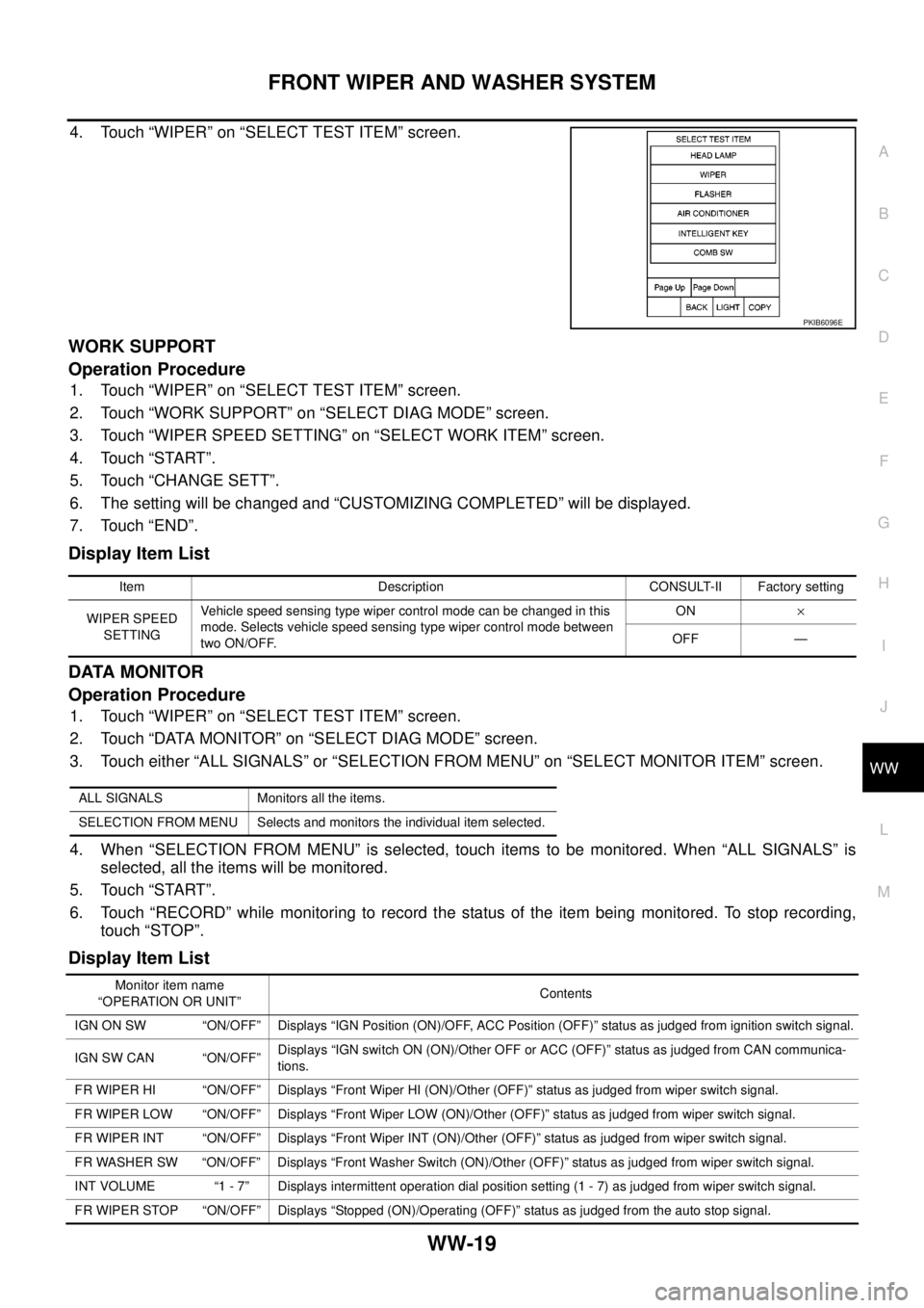 NISSAN NAVARA 2005  Repair Workshop Manual FRONT WIPER AND WASHER SYSTEM
WW-19
C
D
E
F
G
H
I
J
L
MA
B
WW
4. Touch “WIPER” on “SELECT TEST ITEM” screen.
WORK SUPPORT
Operation Procedure
1. Touch “WIPER” on “SELECT TEST ITEM” scr