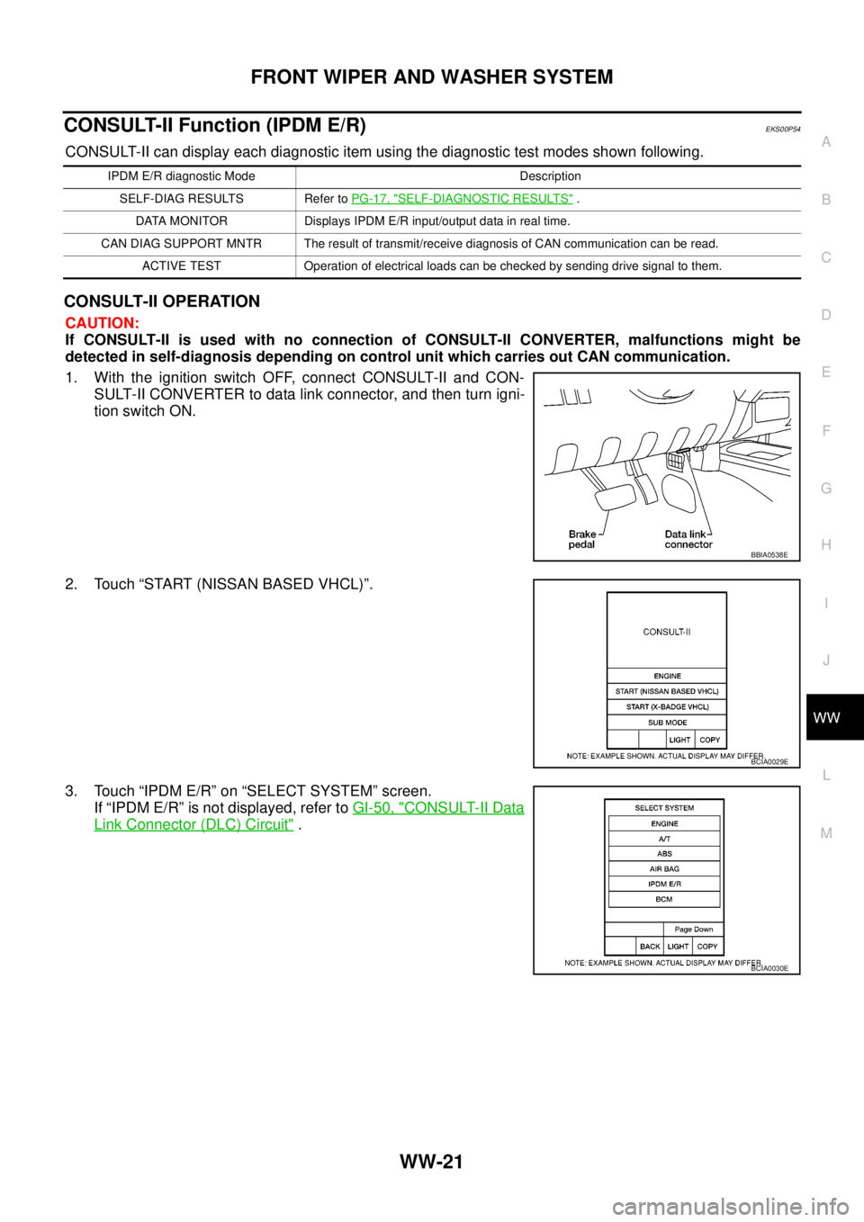 NISSAN NAVARA 2005 Repair Workshop Manual FRONT WIPER AND WASHER SYSTEM
WW-21
C
D
E
F
G
H
I
J
L
MA
B
WW
CONSULT-II Function (IPDM E/R)EKS00P54
CONSULT-II can display each diagnostic item using the diagnostic test modes shown following.
CONSUL NISSAN NAVARA 2005 Repair Workshop Manual FRONT WIPER AND WASHER SYSTEM
WW-21
C
D
E
F
G
H
I
J
L
MA
B
WW
CONSULT-II Function (IPDM E/R)EKS00P54
CONSULT-II can display each diagnostic item using the diagnostic test modes shown following.
CONSUL