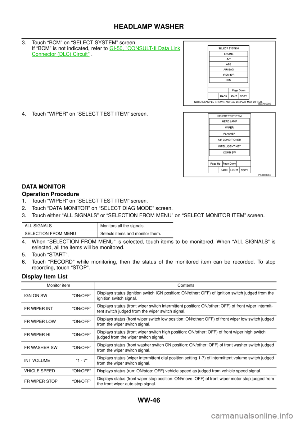 NISSAN NAVARA 2005  Repair Workshop Manual WW-46
HEADLAMP WASHER
3. Touch “BCM” on “SELECT SYSTEM” screen.
If “BCM” is not indicated, refer toGI-50, "
CONSULT-II Data Link
Connector (DLC) Circuit".
4. Touch “WIPER” on “SELECT