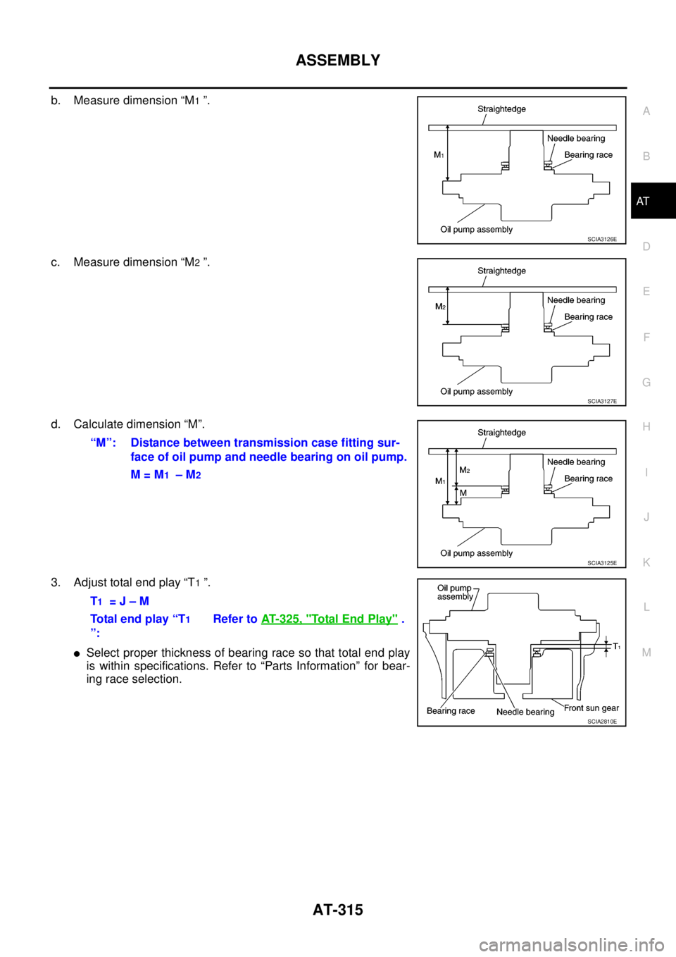 NISSAN NAVARA 2005  Repair Workshop Manual ASSEMBLY
AT-315
D
E
F
G
H
I
J
K
L
MA
B
AT
b. Measure dimension “M1”.
c. Measure dimension “M
2”.
d. Calculate dimension “M”.
3. Adjust total end play “T
1”.
lSelect proper thickness of