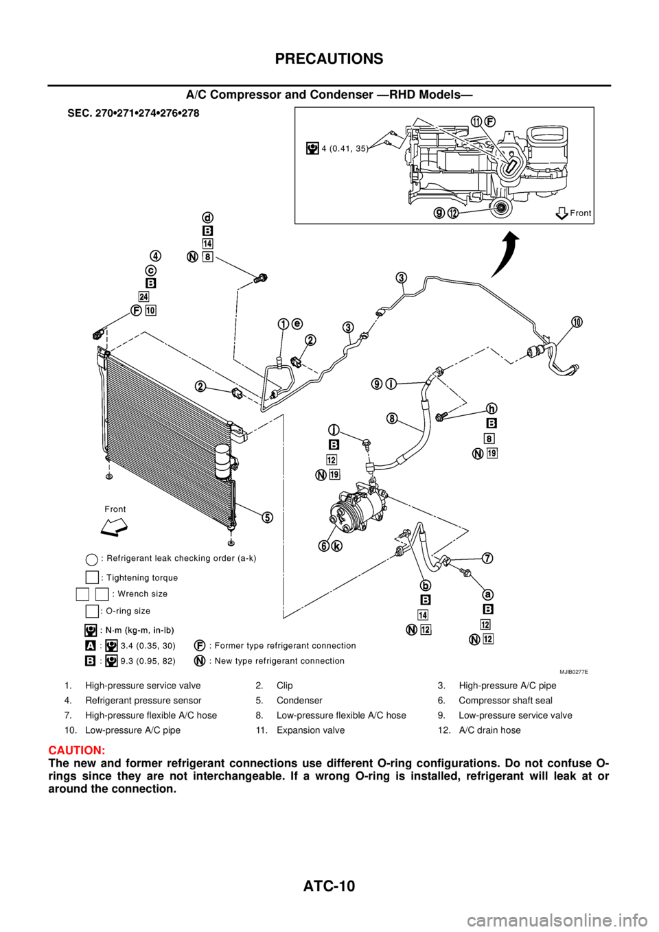 NISSAN NAVARA 2005  Repair Workshop Manual ATC-10
PRECAUTIONS
A/C Compressor and Condenser —RHD Models—
CAUTION:
The new and former refrigerant connections use different O-ring configurations. Do not confuse O-
rings since they are not int