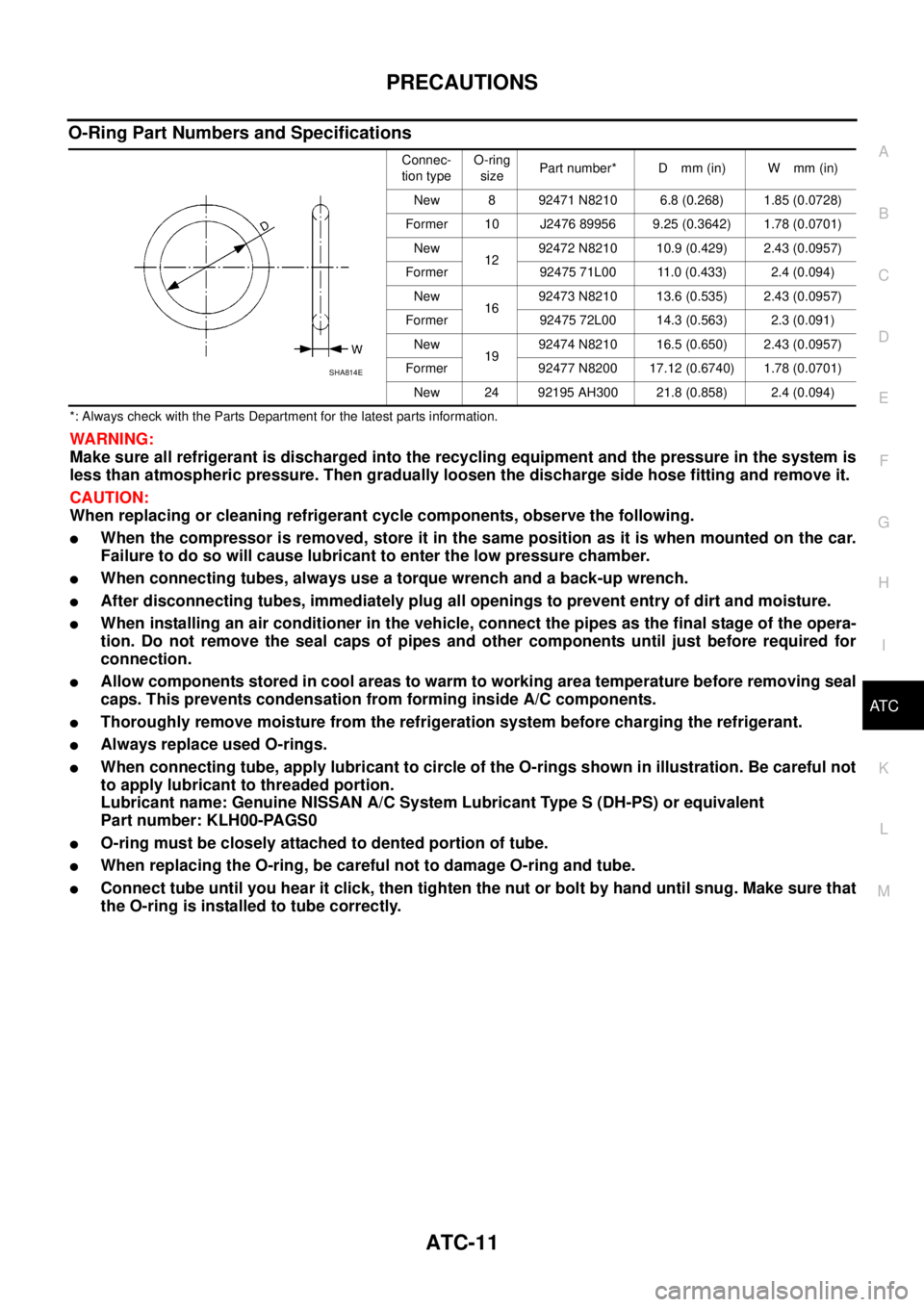 NISSAN NAVARA 2005  Repair Workshop Manual PRECAUTIONS
ATC-11
C
D
E
F
G
H
I
K
L
MA
B
AT C
O-Ring Part Numbers and Specifications
*: Always check with the Parts Department for the latest parts information.
WARNING:
Make sure all refrigerant is 