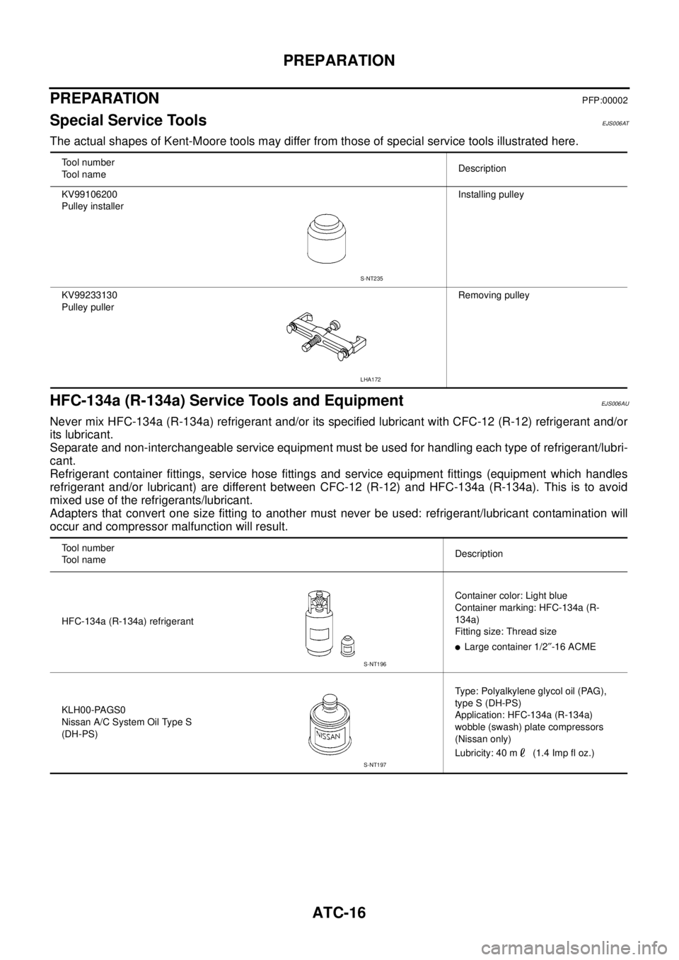 NISSAN NAVARA 2005  Repair Workshop Manual ATC-16
PREPARATION
PREPARATION
PFP:00002
Special Service ToolsEJS006AT
The actual shapes of Kent-Moore tools may differ from those of special service tools illustrated here.
HFC-134a (R-134a) Service 
