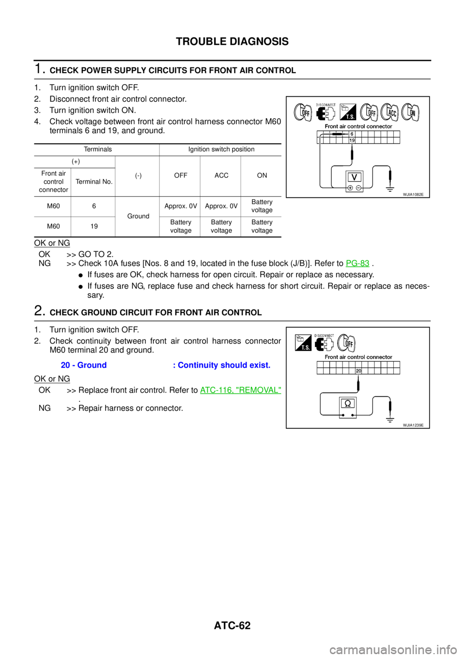 NISSAN NAVARA 2005 Repair Workshop Manual ATC-62
TROUBLE DIAGNOSIS
1.CHECK POWER SUPPLY CIRCUITS FOR FRONT AIR CONTROL
1. Turn ignition switch OFF.
2. Disconnect front air control connector.
3. Turn ignition switch ON.
4. Check voltage betwee NISSAN NAVARA 2005 Repair Workshop Manual ATC-62
TROUBLE DIAGNOSIS
1.CHECK POWER SUPPLY CIRCUITS FOR FRONT AIR CONTROL
1. Turn ignition switch OFF.
2. Disconnect front air control connector.
3. Turn ignition switch ON.
4. Check voltage betwee
