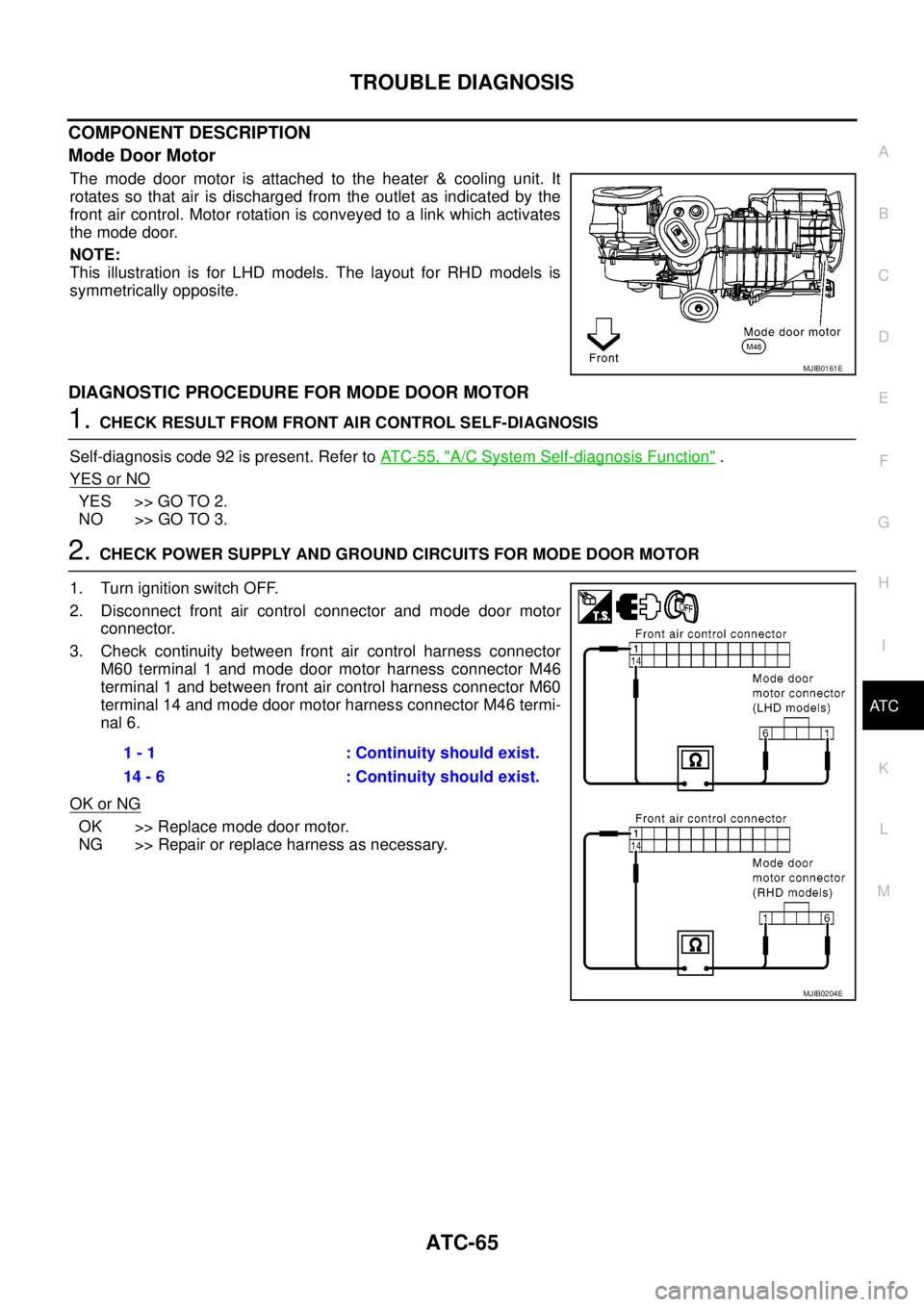 NISSAN NAVARA 2005 Repair Workshop Manual TROUBLE DIAGNOSIS
ATC-65
C
D
E
F
G
H
I
K
L
MA
B
AT C
COMPONENT DESCRIPTION
Mode Door Motor
The mode door motor is attached to the heater & cooling unit. It
rotates so that air is discharged from the o NISSAN NAVARA 2005 Repair Workshop Manual TROUBLE DIAGNOSIS
ATC-65
C
D
E
F
G
H
I
K
L
MA
B
AT C
COMPONENT DESCRIPTION
Mode Door Motor
The mode door motor is attached to the heater & cooling unit. It
rotates so that air is discharged from the o