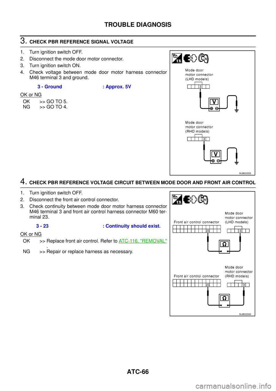 NISSAN NAVARA 2005 Repair Workshop Manual ATC-66
TROUBLE DIAGNOSIS
3.CHECK PBR REFERENCE SIGNAL VOLTAGE
1. Turn ignition switch OFF.
2. Disconnect the mode door motor connector.
3. Turn ignition switch ON.
4. Check voltage between mode door m NISSAN NAVARA 2005 Repair Workshop Manual ATC-66
TROUBLE DIAGNOSIS
3.CHECK PBR REFERENCE SIGNAL VOLTAGE
1. Turn ignition switch OFF.
2. Disconnect the mode door motor connector.
3. Turn ignition switch ON.
4. Check voltage between mode door m