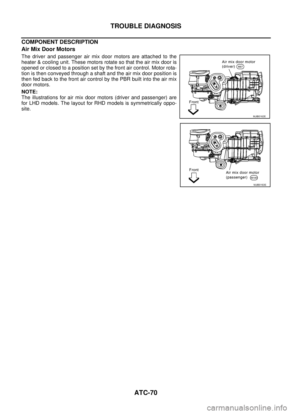 NISSAN NAVARA 2005  Repair Workshop Manual ATC-70
TROUBLE DIAGNOSIS
COMPONENT DESCRIPTION
Air Mix Door Motors
The driver and passenger air mix door motors are attached to the
heater & cooling unit. These motors rotate so that the air mix door 