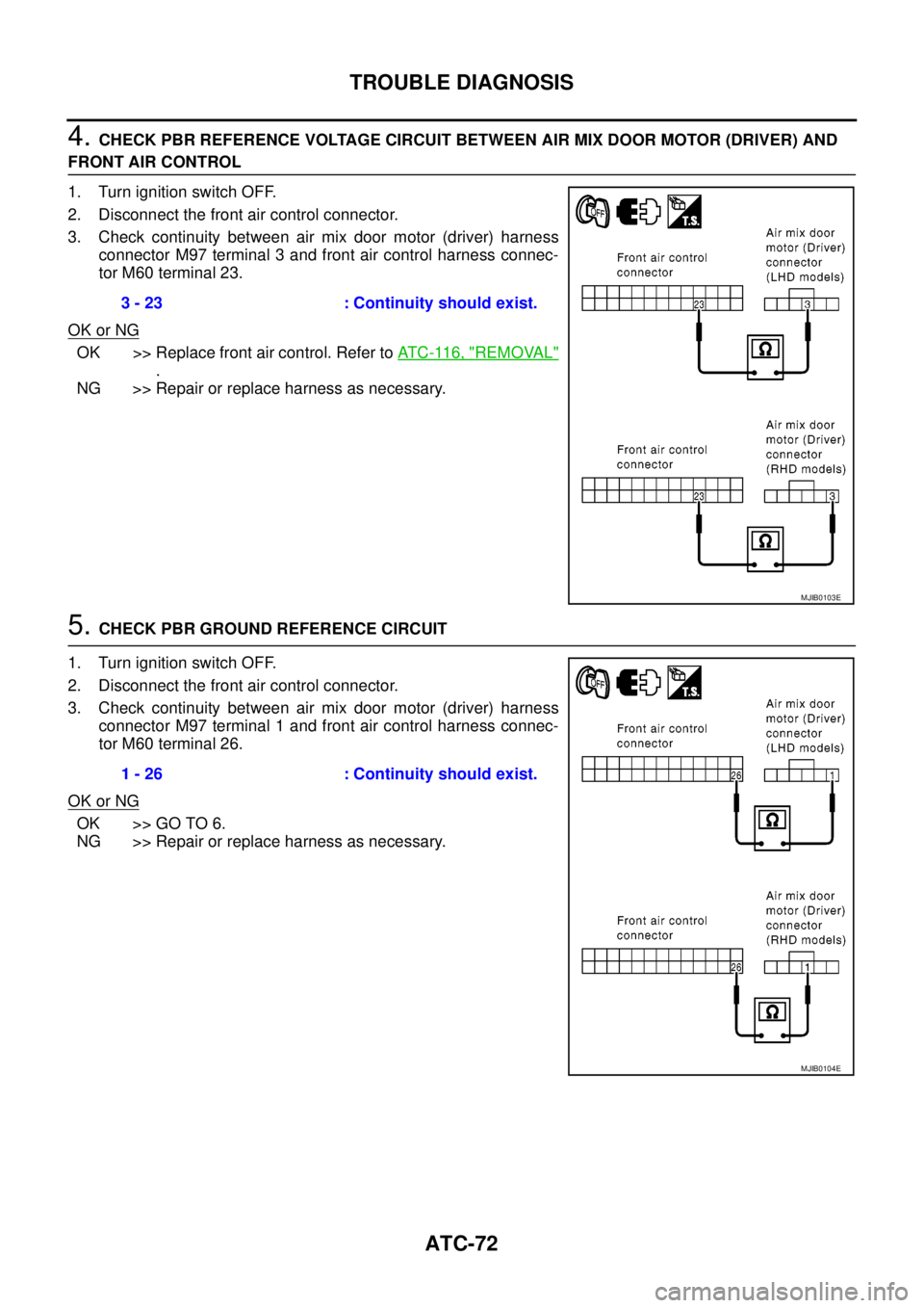 NISSAN NAVARA 2005  Repair Workshop Manual ATC-72
TROUBLE DIAGNOSIS
4.CHECK PBR REFERENCE VOLTAGE CIRCUIT BETWEEN AIR MIX DOOR MOTOR (DRIVER) AND
FRONT AIR CONTROL
1. Turn ignition switch OFF.
2. Disconnect the front air control connector.
3. 