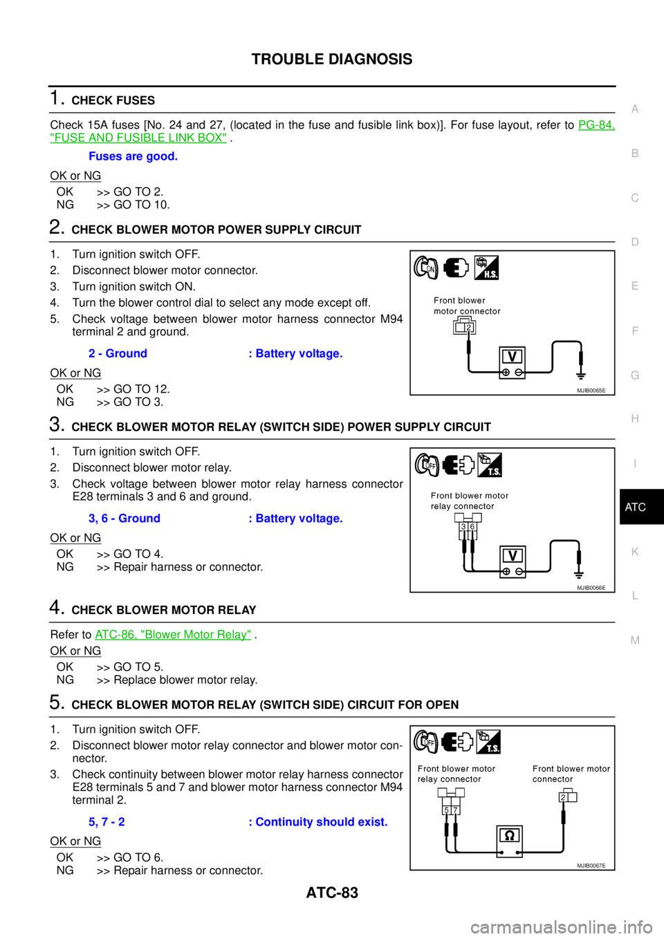 NISSAN NAVARA 2005  Repair Workshop Manual TROUBLE DIAGNOSIS
ATC-83
C
D
E
F
G
H
I
K
L
MA
B
AT C
1.CHECK FUSES
Check 15A fuses [No. 24 and 27, (located in the fuse and fusible link box)]. For fuse layout, refer toPG-84,
"FUSE AND FUSIBLE LINK B