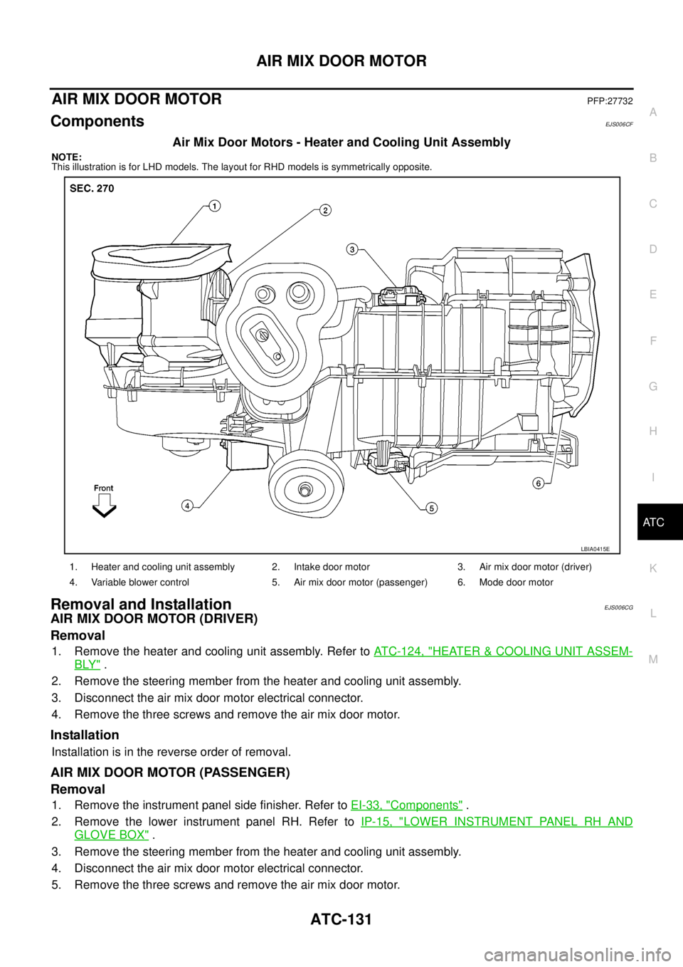 NISSAN NAVARA 2005  Repair Workshop Manual AIR MIX DOOR MOTOR
ATC-131
C
D
E
F
G
H
I
K
L
MA
B
AT C
AIR MIX DOOR MOTORPFP:27732
ComponentsEJS006CF
Air Mix Door Motors - Heater and Cooling Unit Assembly
NOTE:
This illustration is for LHD models. 