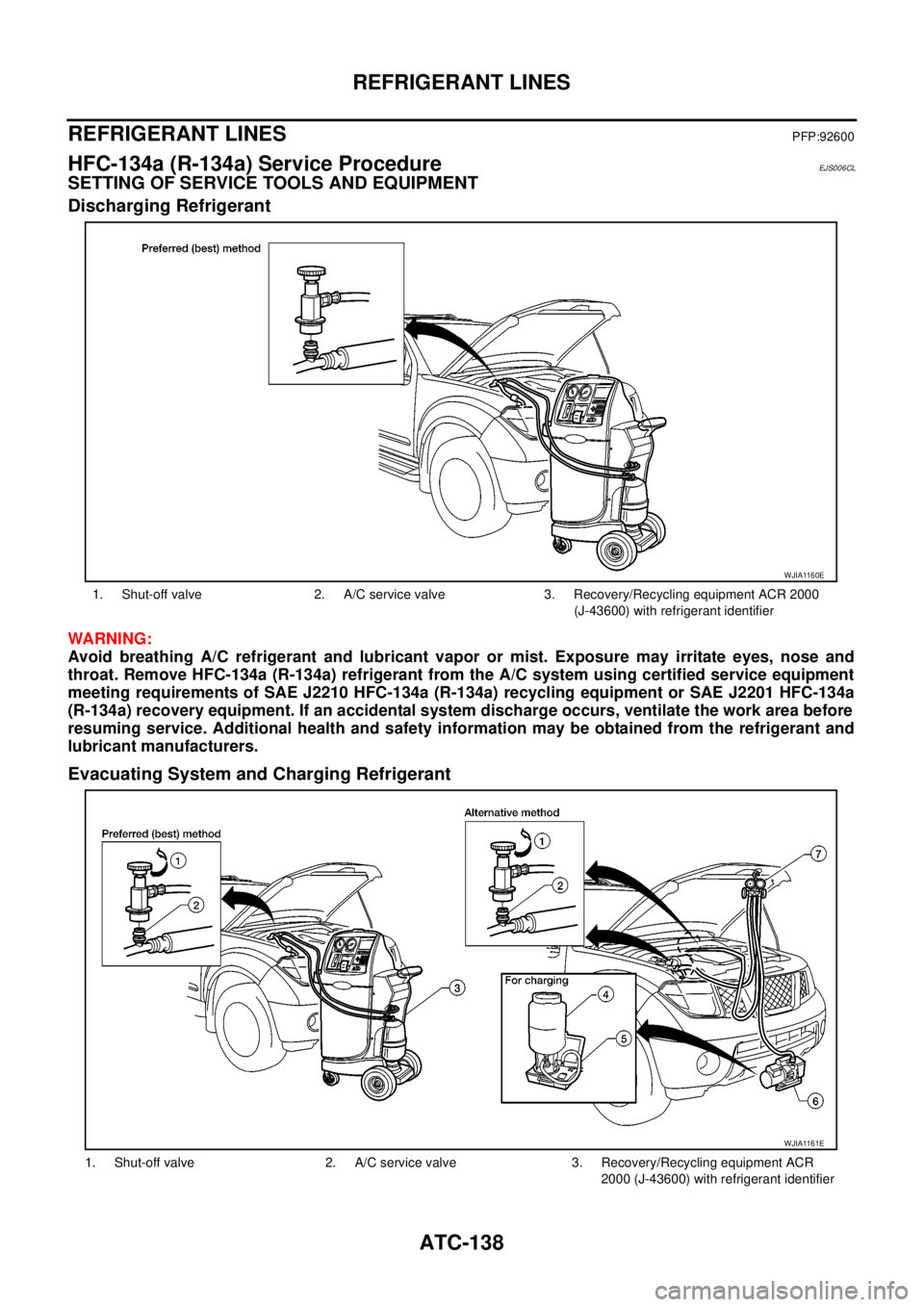 NISSAN NAVARA 2005  Repair Workshop Manual ATC-138
REFRIGERANT LINES
REFRIGERANT LINES
PFP:92600
HFC-134a (R-134a) Service ProcedureEJS006CL
SETTING OF SERVICE TOOLS AND EQUIPMENT
Discharging Refrigerant
WARNING:
Avoid breathing A/C refrigeran NISSAN NAVARA 2005  Repair Workshop Manual ATC-138
REFRIGERANT LINES
REFRIGERANT LINES
PFP:92600
HFC-134a (R-134a) Service ProcedureEJS006CL
SETTING OF SERVICE TOOLS AND EQUIPMENT
Discharging Refrigerant
WARNING:
Avoid breathing A/C refrigeran