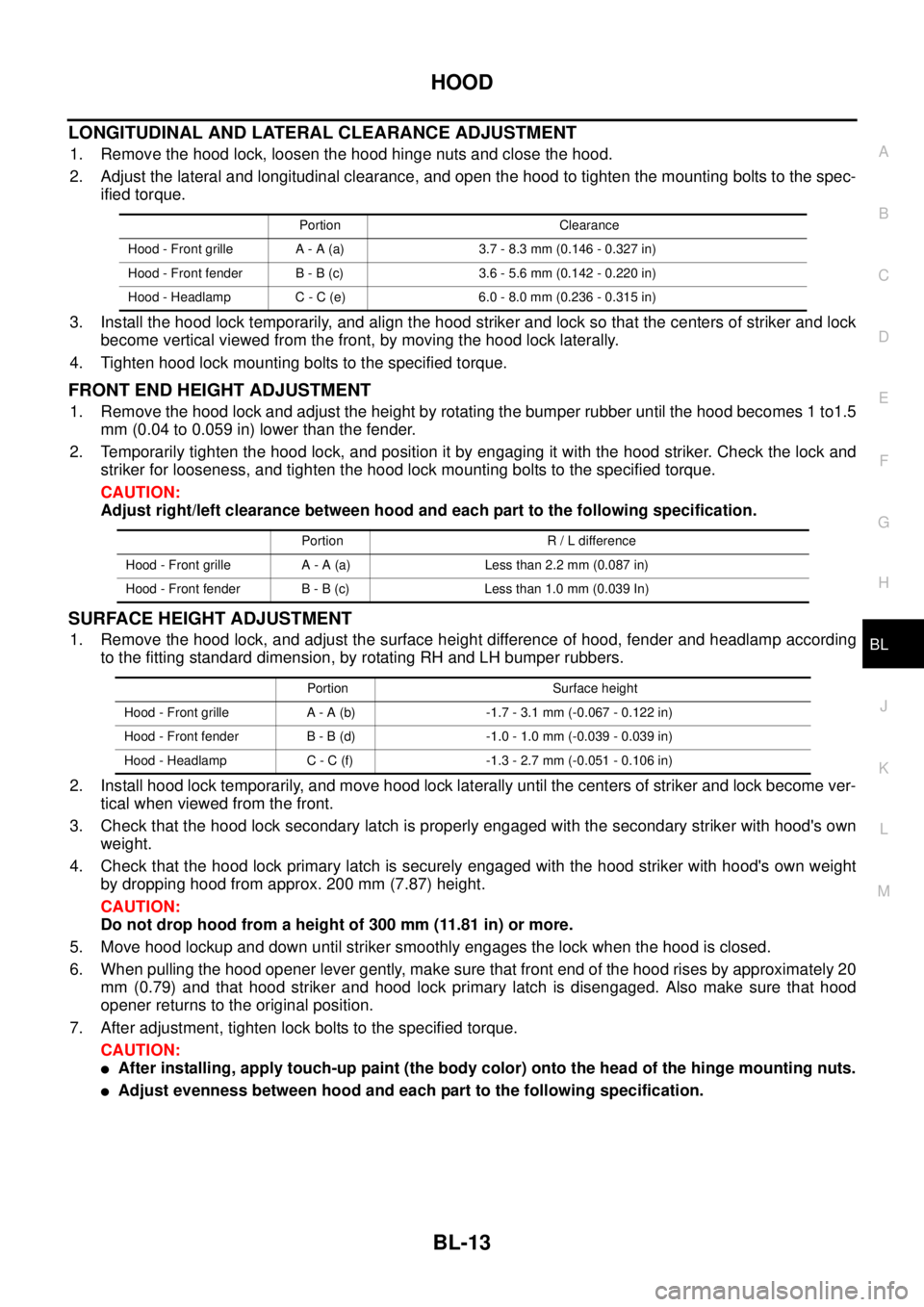 NISSAN NAVARA 2005  Repair Workshop Manual HOOD
BL-13
C
D
E
F
G
H
J
K
L
MA
B
BL
LONGITUDINAL AND LATERAL CLEARANCE ADJUSTMENT
1. Remove the hood lock, loosen the hood hinge nuts and close the hood.
2. Adjust the lateral and longitudinal cleara