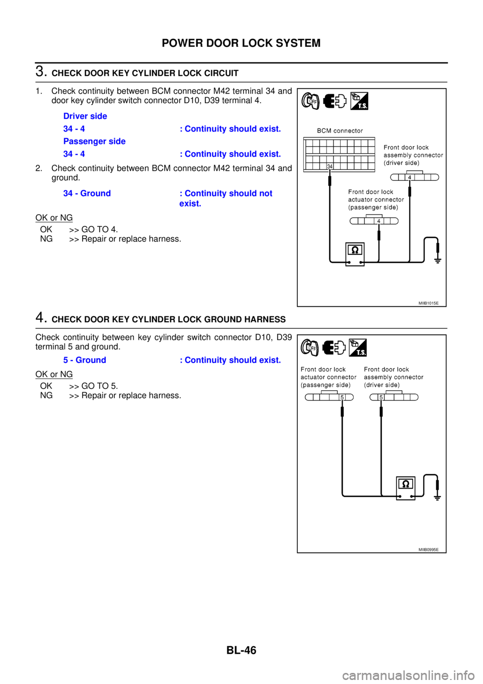 NISSAN NAVARA 2005 Repair Workshop Manual BL-46
POWER DOOR LOCK SYSTEM
3.CHECK DOOR KEY CYLINDER LOCK CIRCUIT
1. Check continuity between BCM connector M42 terminal 34 and
door key cylinder switch connector D10, D39 terminal 4.
2. Check conti NISSAN NAVARA 2005 Repair Workshop Manual BL-46
POWER DOOR LOCK SYSTEM
3.CHECK DOOR KEY CYLINDER LOCK CIRCUIT
1. Check continuity between BCM connector M42 terminal 34 and
door key cylinder switch connector D10, D39 terminal 4.
2. Check conti