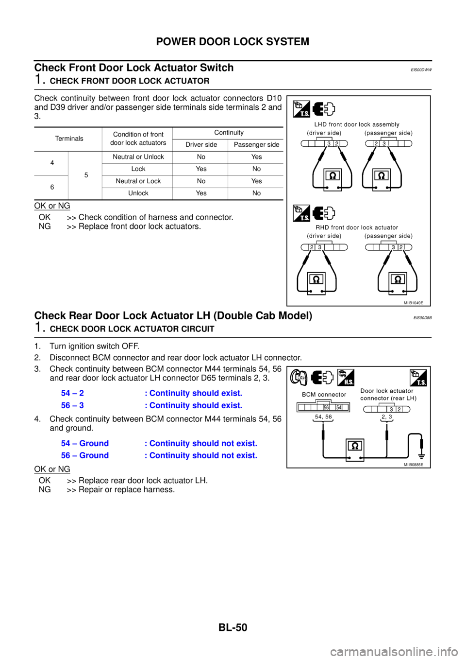 NISSAN NAVARA 2005  Repair Workshop Manual BL-50
POWER DOOR LOCK SYSTEM
Check Front Door Lock Actuator Switch
EIS00DWW
1.CHECK FRONT DOOR LOCK ACTUATOR
Check continuity between front door lock actuator connectors D10
and D39 driver and/or pass
