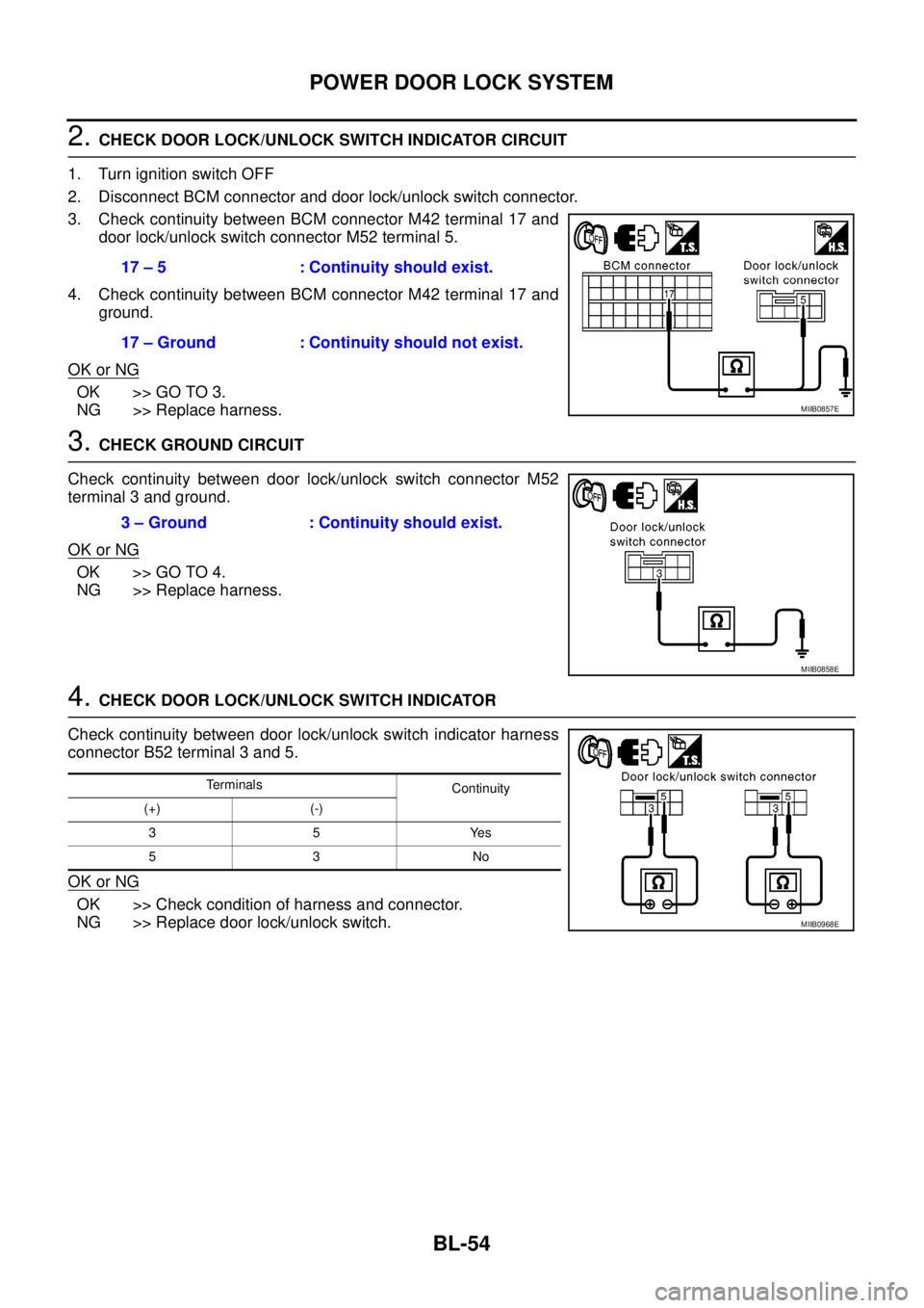 NISSAN NAVARA 2005  Repair Workshop Manual BL-54
POWER DOOR LOCK SYSTEM
2.CHECK DOOR LOCK/UNLOCK SWITCH INDICATOR CIRCUIT
1. Turn ignition switch OFF
2. Disconnect BCM connector and door lock/unlock switch connector.
3. Check continuity betwee