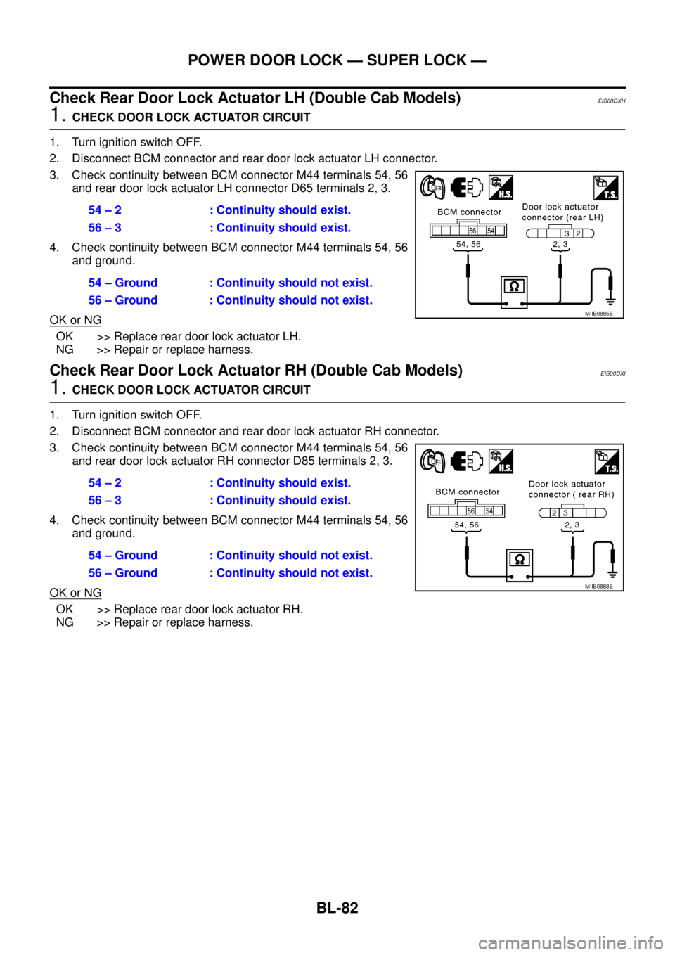 NISSAN NAVARA 2005 Repair Workshop Manual BL-82
POWER DOOR LOCK — SUPER LOCK —
CheckRearDoorLockActuatorLH(DoubleCabModels)
EIS00DXH
1.CHECK DOOR LOCK ACTUATOR CIRCUIT
1. Turn ignition switch OFF.
2. Disconnect BCM connector and rear door NISSAN NAVARA 2005 Repair Workshop Manual BL-82
POWER DOOR LOCK — SUPER LOCK —
CheckRearDoorLockActuatorLH(DoubleCabModels)
EIS00DXH
1.CHECK DOOR LOCK ACTUATOR CIRCUIT
1. Turn ignition switch OFF.
2. Disconnect BCM connector and rear door