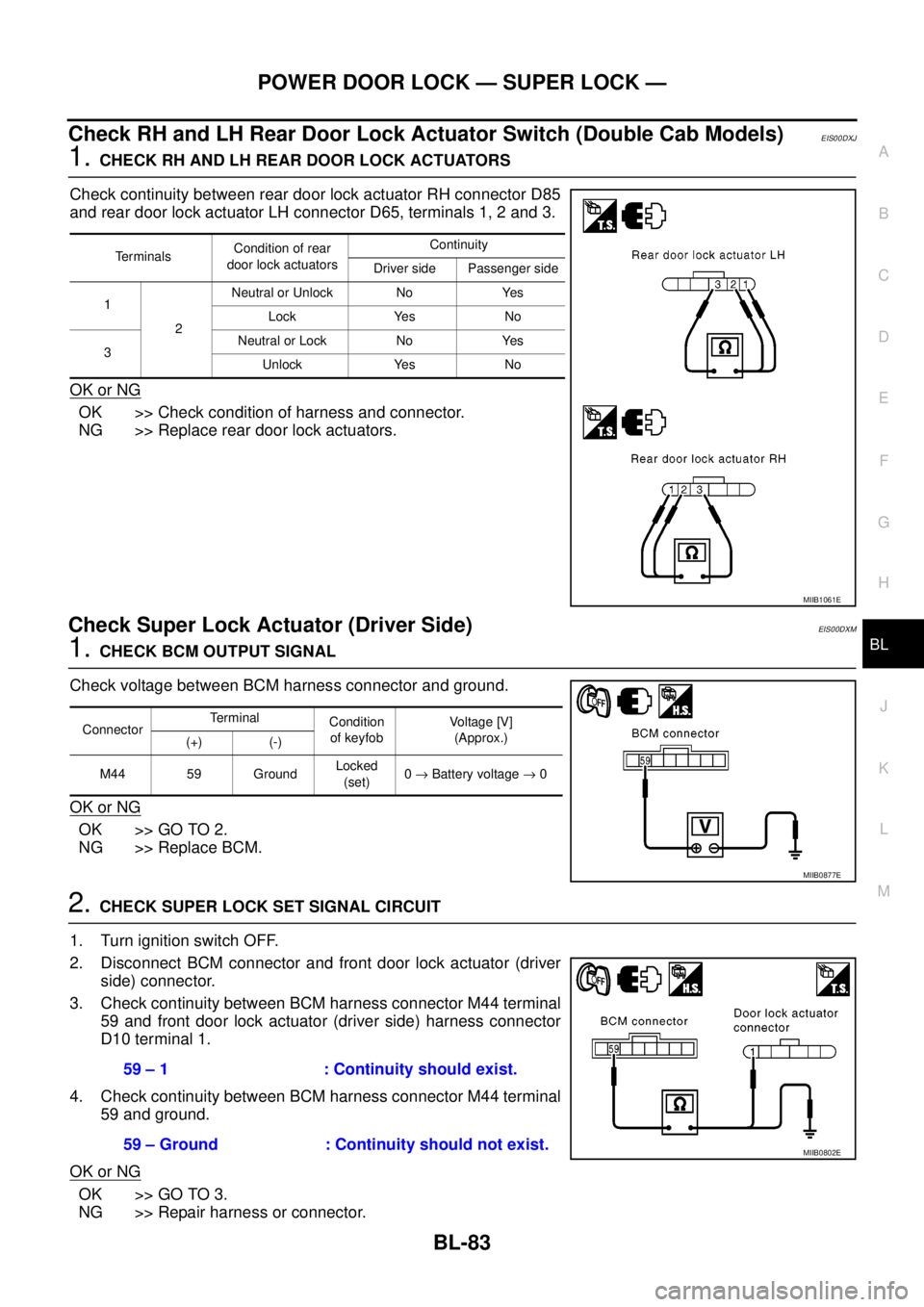 NISSAN NAVARA 2005 Repair Workshop Manual POWER DOOR LOCK — SUPER LOCK —
BL-83
C
D
E
F
G
H
J
K
L
MA
B
BL
Check RH and LH Rear Door Lock Actuator Switch (Double Cab Models)EIS00DXJ
1.CHECK RH AND LH REAR DOOR LOCK ACTUATORS
Check continuit NISSAN NAVARA 2005 Repair Workshop Manual POWER DOOR LOCK — SUPER LOCK —
BL-83
C
D
E
F
G
H
J
K
L
MA
B
BL
Check RH and LH Rear Door Lock Actuator Switch (Double Cab Models)EIS00DXJ
1.CHECK RH AND LH REAR DOOR LOCK ACTUATORS
Check continuit