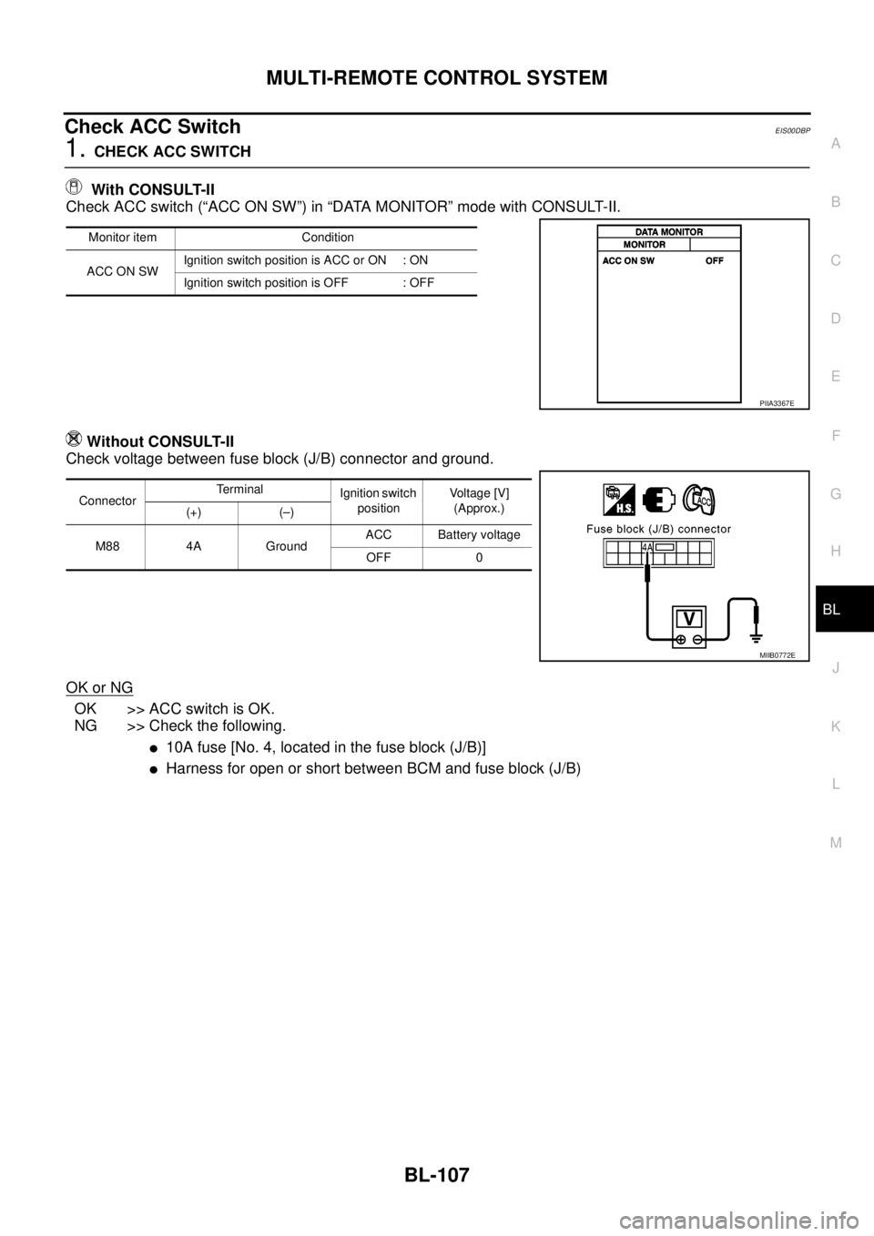 NISSAN NAVARA 2005 Repair Workshop Manual MULTI-REMOTE CONTROL SYSTEM
BL-107
C
D
E
F
G
H
J
K
L
MA
B
BL
Check ACC SwitchEIS00DBP
1.CHECK ACC SWITCH
With CONSULT-II
Check ACC switch (“ACC ON SW”) in “DATA MONITOR” mode with CONSULT-II.
NISSAN NAVARA 2005 Repair Workshop Manual MULTI-REMOTE CONTROL SYSTEM
BL-107
C
D
E
F
G
H
J
K
L
MA
B
BL
Check ACC SwitchEIS00DBP
1.CHECK ACC SWITCH
With CONSULT-II
Check ACC switch (“ACC ON SW”) in “DATA MONITOR” mode with CONSULT-II.