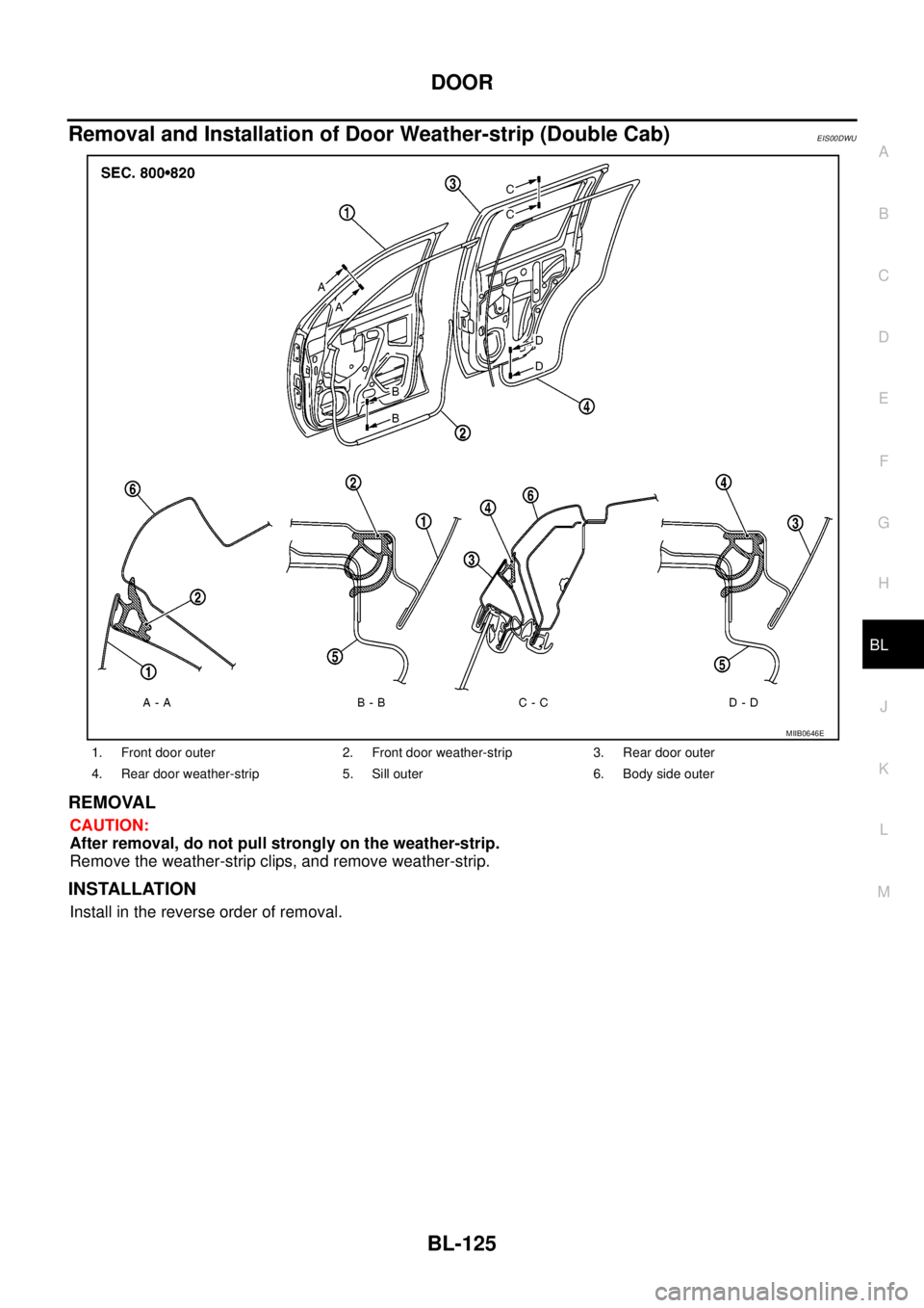 NISSAN NAVARA 2005 Repair Workshop Manual DOOR
BL-125
C
D
E
F
G
H
J
K
L
MA
B
BL
Removal and Installation of Door Weather-strip (Double Cab)EIS00DWU
REMOVAL
CAUTION:
After removal, do not pull strongly on the weather-strip.
Remove the weather- NISSAN NAVARA 2005 Repair Workshop Manual DOOR
BL-125
C
D
E
F
G
H
J
K
L
MA
B
BL
Removal and Installation of Door Weather-strip (Double Cab)EIS00DWU
REMOVAL
CAUTION:
After removal, do not pull strongly on the weather-strip.
Remove the weather-
