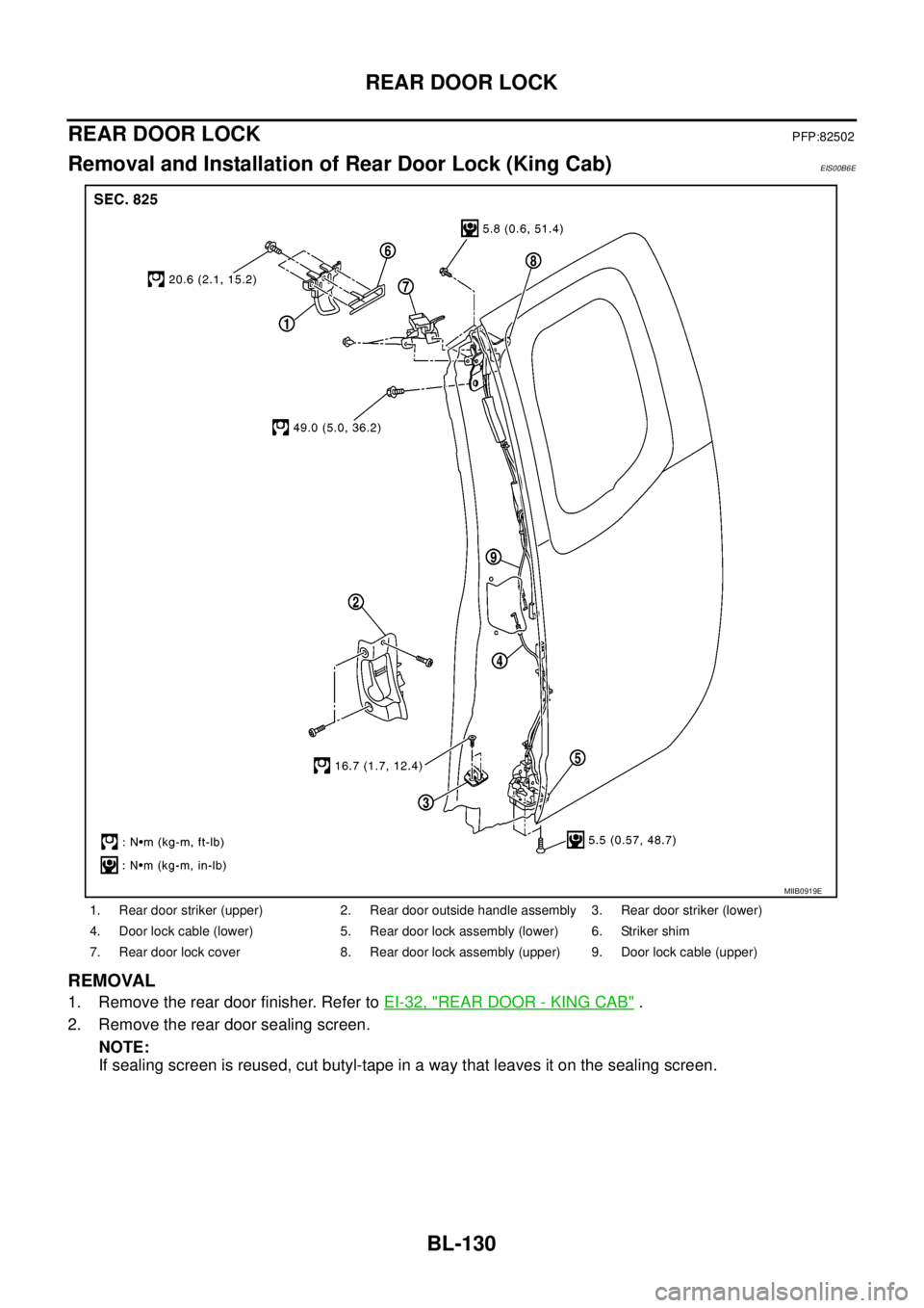 NISSAN NAVARA 2005  Repair Workshop Manual BL-130
REAR DOOR LOCK
REAR DOOR LOCK
PFP:82502
Removal and Installation of Rear Door Lock (King Cab)EIS00B6E
REMOVAL
1. Remove the rear door finisher. Refer toEI-32, "REAR DOOR - KING CAB".
2. Remove 