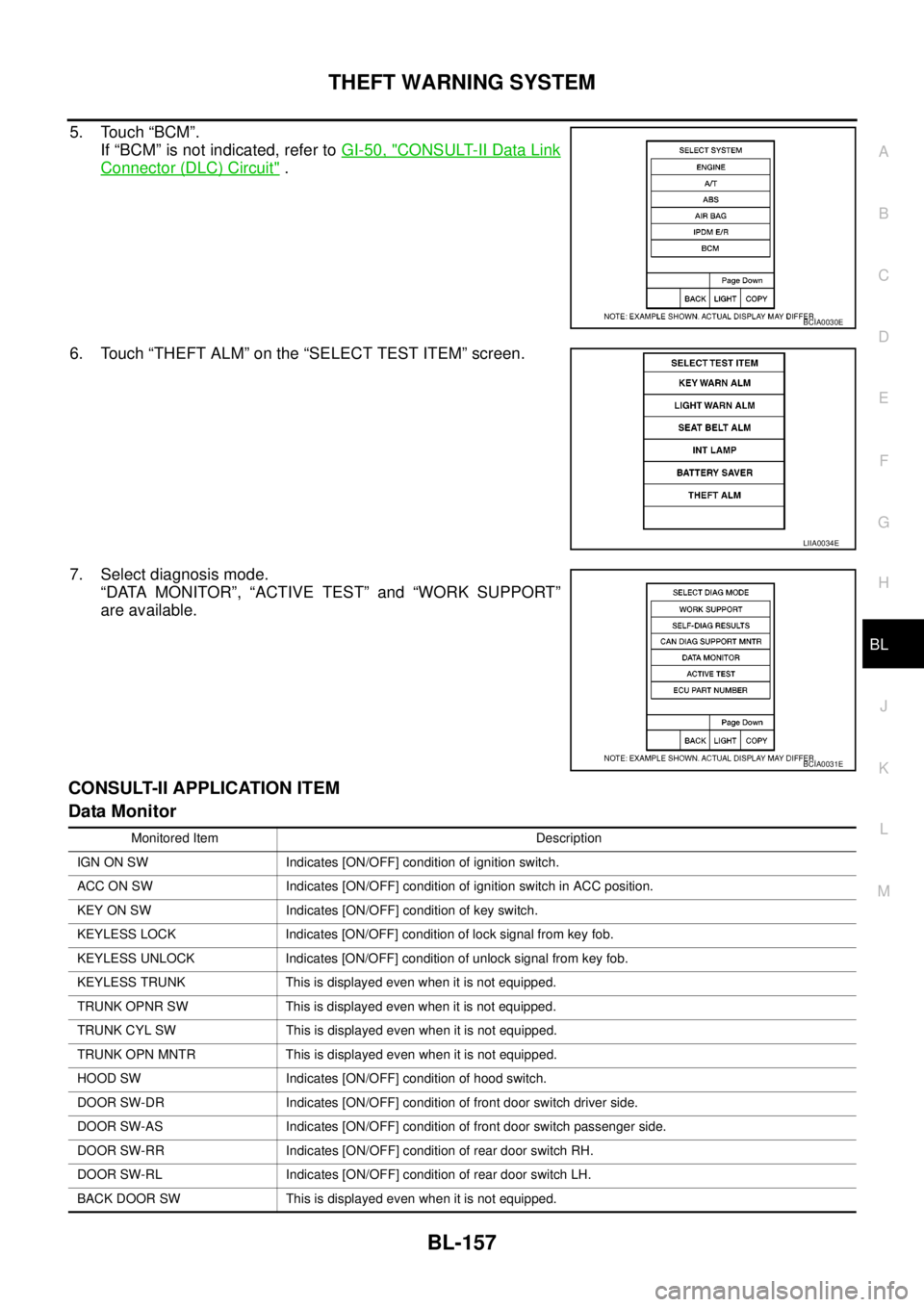 NISSAN NAVARA 2005 Repair Workshop Manual THEFT WARNING SYSTEM
BL-157
C
D
E
F
G
H
J
K
L
MA
B
BL
5. Touch “BCM”.
If “BCM” is not indicated, refer toGI-50, "
CONSULT-II Data Link
Connector (DLC) Circuit".
6. Touch “THEFT ALM” on the NISSAN NAVARA 2005 Repair Workshop Manual THEFT WARNING SYSTEM
BL-157
C
D
E
F
G
H
J
K
L
MA
B
BL
5. Touch “BCM”.
If “BCM” is not indicated, refer toGI-50, "
CONSULT-II Data Link
Connector (DLC) Circuit".
6. Touch “THEFT ALM” on the