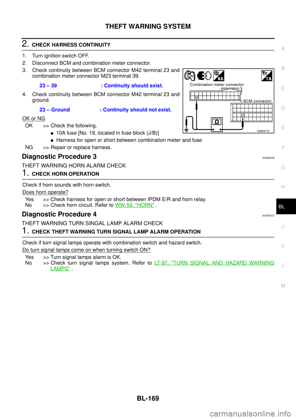 NISSAN NAVARA 2005  Repair Workshop Manual THEFT WARNING SYSTEM
BL-169
C
D
E
F
G
H
J
K
L
MA
B
BL
2.CHECK HARNESS CONTINUITY
1. Turn ignition switch OFF.
2. Disconnect BCM and combination meter connector.
3. Check continuity between BCM connect