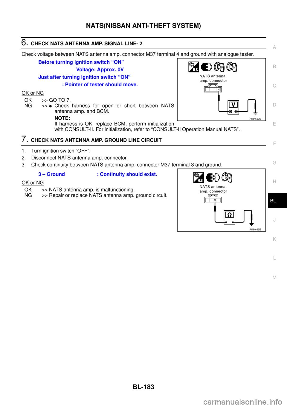 NISSAN NAVARA 2005  Repair Workshop Manual NATS(NISSAN ANTI-THEFT SYSTEM)
BL-183
C
D
E
F
G
H
J
K
L
MA
B
BL
6.CHECK NATS ANTENNA AMP. SIGNAL LINE- 2
Check voltage between NATS antenna amp. connector M37 terminal 4 and ground with analogue teste