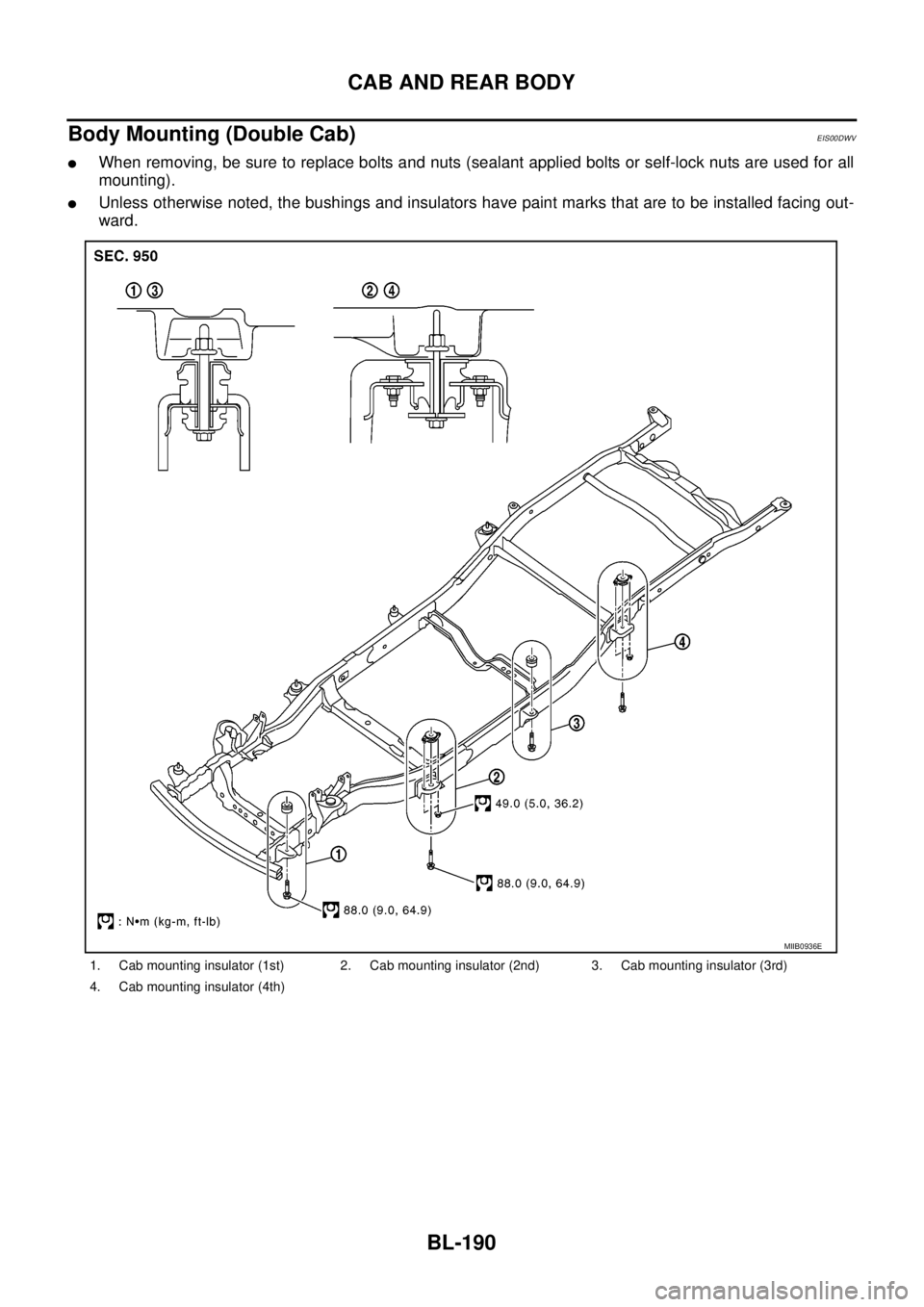 NISSAN NAVARA 2005  Repair Workshop Manual BL-190
CAB AND REAR BODY
Body Mounting (Double Cab)
EIS00DWV
lWhen removing, be sure to replace bolts and nuts (sealant applied bolts or self-lock nuts are used for all
mounting).
lUnless otherwise no