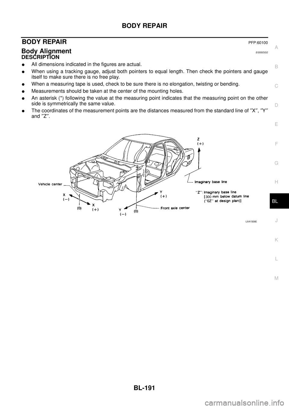 NISSAN NAVARA 2005  Repair Workshop Manual BODY REPAIR
BL-191
C
D
E
F
G
H
J
K
L
MA
B
BL
BODY REPAIRPFP:60100
Body AlignmentEIS00DGG
DESCRIPTION
lAll dimensions indicated in the figures are actual.
lWhen using a tracking gauge, adjust both poin