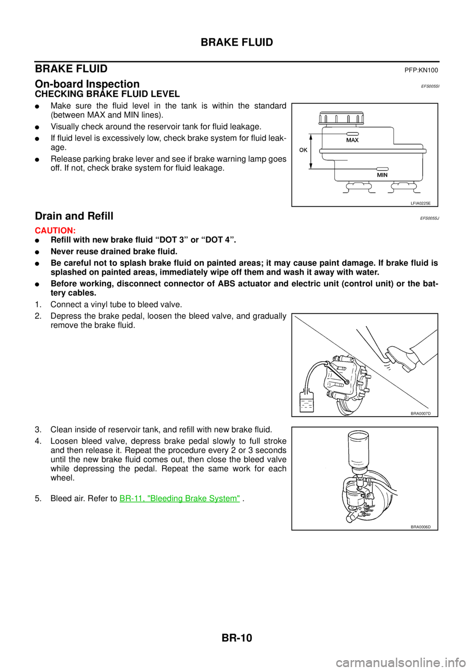 NISSAN NAVARA 2005 Repair Workshop Manual BR-10
BRAKE FLUID
BRAKE FLUID
PFP:KN100
On-board InspectionEFS005SI
CHECKING BRAKE FLUID LEVEL
lMake sure the fluid level in the tank is within the standard
(between MAX and MIN lines).
lVisually chec NISSAN NAVARA 2005 Repair Workshop Manual BR-10
BRAKE FLUID
BRAKE FLUID
PFP:KN100
On-board InspectionEFS005SI
CHECKING BRAKE FLUID LEVEL
lMake sure the fluid level in the tank is within the standard
(between MAX and MIN lines).
lVisually chec