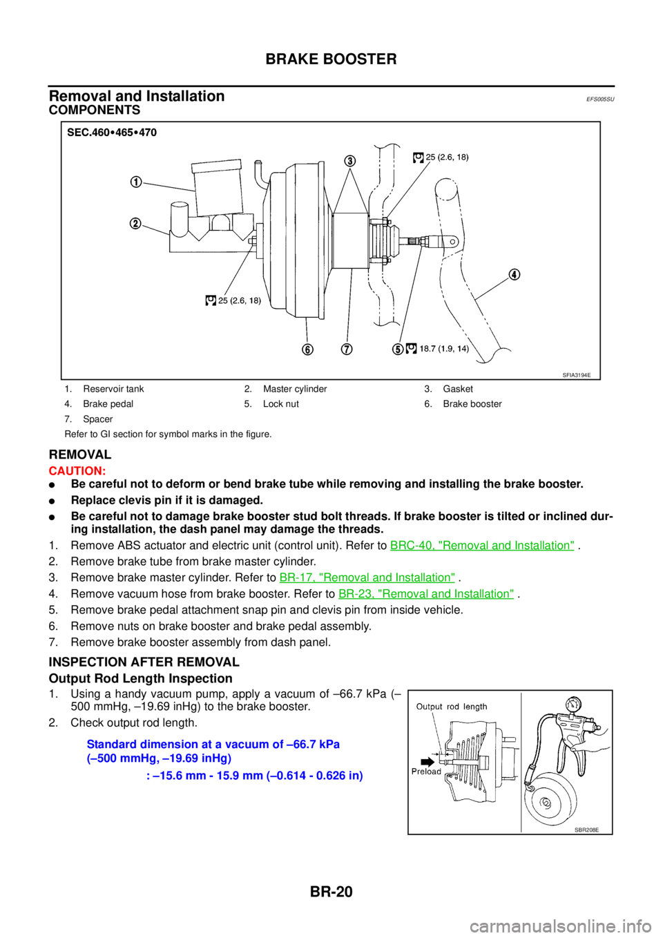 NISSAN NAVARA 2005  Repair Workshop Manual BR-20
BRAKE BOOSTER
Removal and Installation
EFS005SU
COMPONENTS
REMOVAL
CAUTION:
lBe careful not to deform or bend brake tube while removing and installing the brake booster.
lReplace clevis pin if i