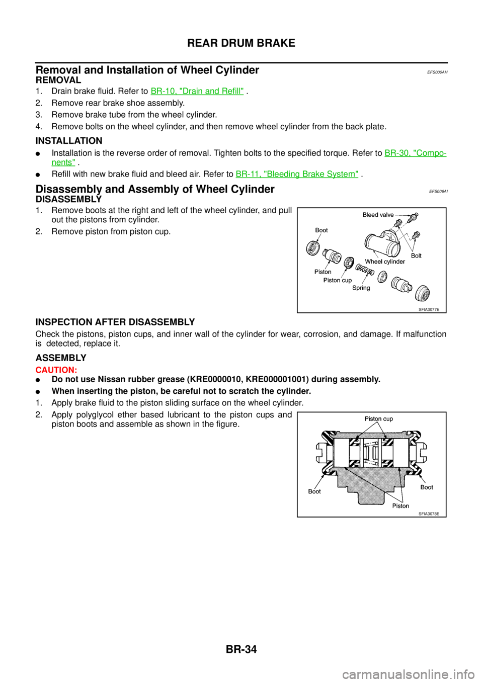 NISSAN NAVARA 2005 Repair Workshop Manual BR-34
REAR DRUM BRAKE
Removal and Installation of Wheel Cylinder
EFS006AH
REMOVAL
1. Drain brake fluid. Refer toBR-10, "Drain and Refill".
2. Remove rear brake shoe assembly.
3. Remove brake tube from NISSAN NAVARA 2005 Repair Workshop Manual BR-34
REAR DRUM BRAKE
Removal and Installation of Wheel Cylinder
EFS006AH
REMOVAL
1. Drain brake fluid. Refer toBR-10, "Drain and Refill".
2. Remove rear brake shoe assembly.
3. Remove brake tube from