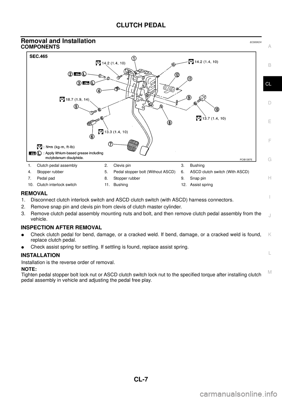 NISSAN NAVARA 2005 Repair Workshop Manual CLUTCH PEDAL
CL-7
D
E
F
G
H
I
J
K
L
MA
B
CL
Removal and InstallationECS00ICH
COMPONENTS
REMOVAL
1. Disconnect clutch interlock switch and ASCD clutch switch (with ASCD) harness connectors.
2. Remove s NISSAN NAVARA 2005 Repair Workshop Manual CLUTCH PEDAL
CL-7
D
E
F
G
H
I
J
K
L
MA
B
CL
Removal and InstallationECS00ICH
COMPONENTS
REMOVAL
1. Disconnect clutch interlock switch and ASCD clutch switch (with ASCD) harness connectors.
2. Remove s