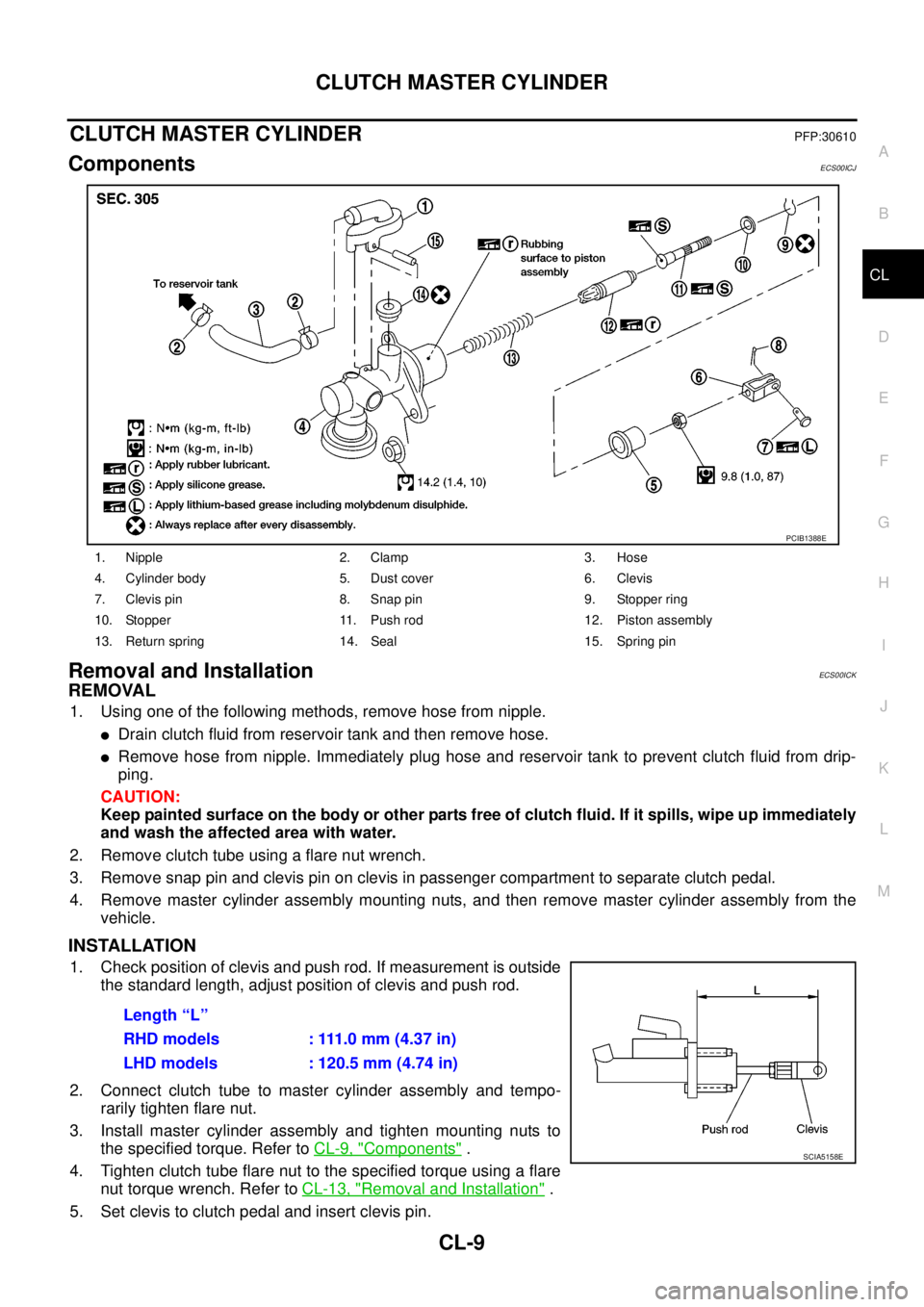 NISSAN NAVARA 2005 Repair Workshop Manual CLUTCH MASTER CYLINDER
CL-9
D
E
F
G
H
I
J
K
L
MA
B
CL
CLUTCH MASTER CYLINDERPFP:30610
ComponentsECS00ICJ
Removal and InstallationECS00ICK
REMOVAL
1. Using one of the following methods, remove hose fro NISSAN NAVARA 2005 Repair Workshop Manual CLUTCH MASTER CYLINDER
CL-9
D
E
F
G
H
I
J
K
L
MA
B
CL
CLUTCH MASTER CYLINDERPFP:30610
ComponentsECS00ICJ
Removal and InstallationECS00ICK
REMOVAL
1. Using one of the following methods, remove hose fro